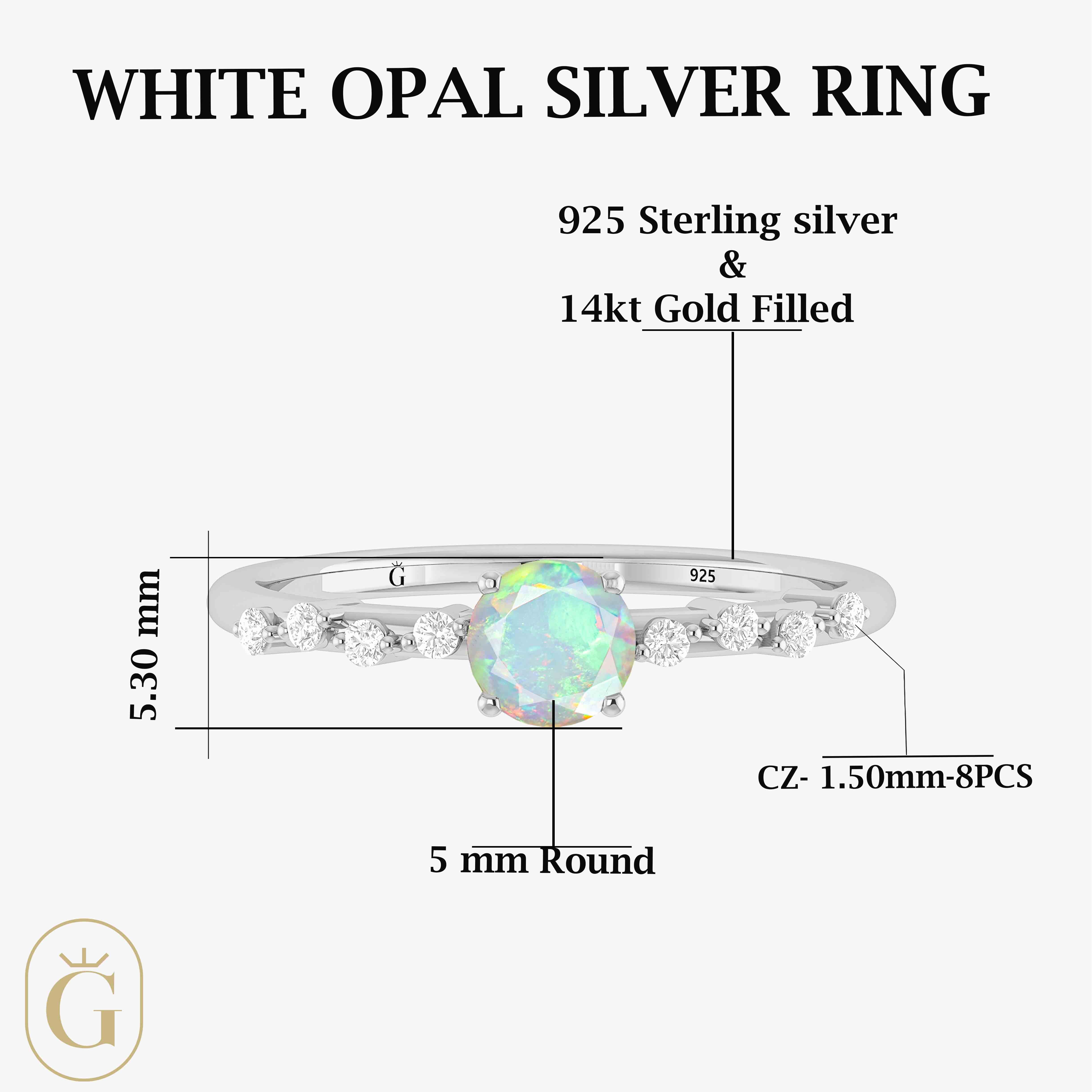 Natural White Opal Round Stone Minimalist Solitaire Ring with Accent Diamonds - Elegant Dainty Jewelry for Women, Perfect for Engagement, Wedding, Anniversary & Everyday Wear