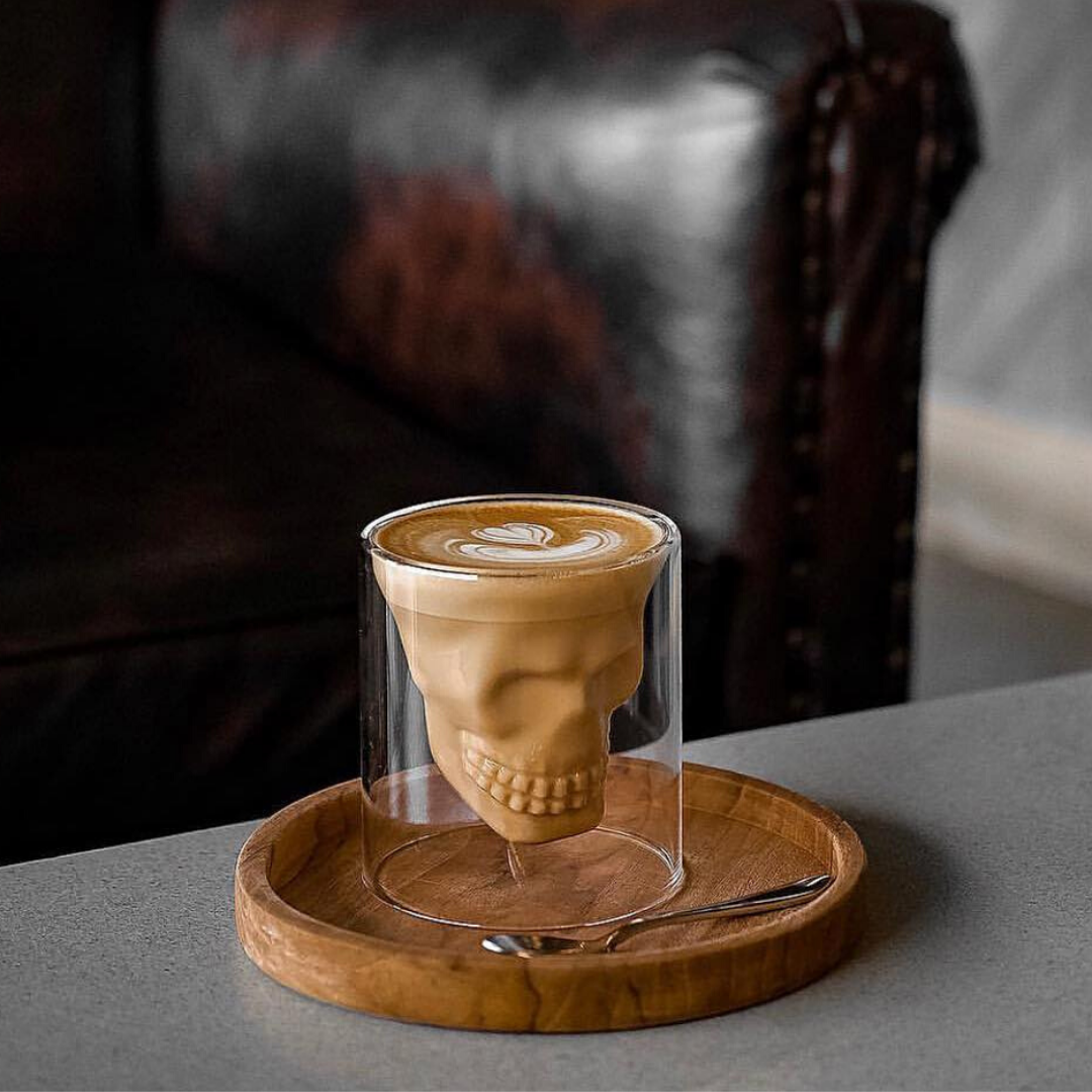 Skull Double Wall Insulated Glass Cup - Hot & Cold Drink Tumbler for Coffee, Tea, Beer - Halloween Party, Gothic Home Decor, Unique Gift Idea