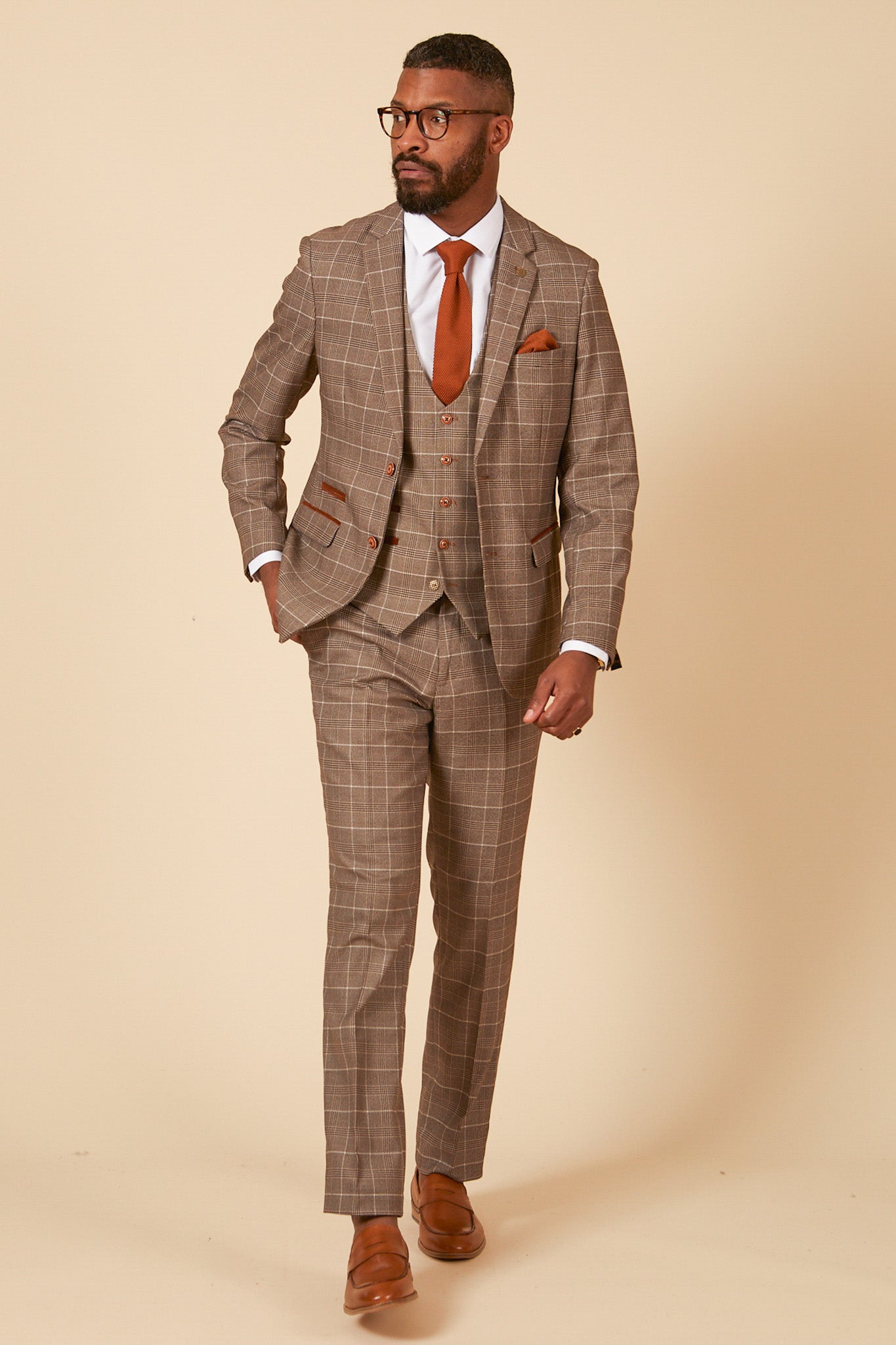 RAY Men's Tan Check Three Piece Suit - Formal Business Attire for Weddings, Office & Special Occasions