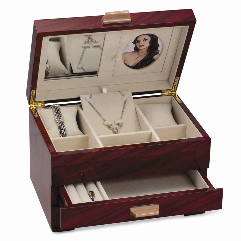 Elegant Mahogany Finish Jewelry Box - 15 Inch Wooden Organizer for Necklaces, Rings & Bracelets - Perfect for Bedroom Vanity, Dresser Top & Gift Giving