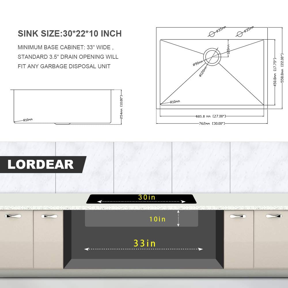 Lordear 30 Inch Drop In Kitchen Sink - 16 Gauge Stainless Steel Single Bowl Topmount with Rounded Corners - Perfect for Modern Kitchens, Restaurant Prep & Home Renovation