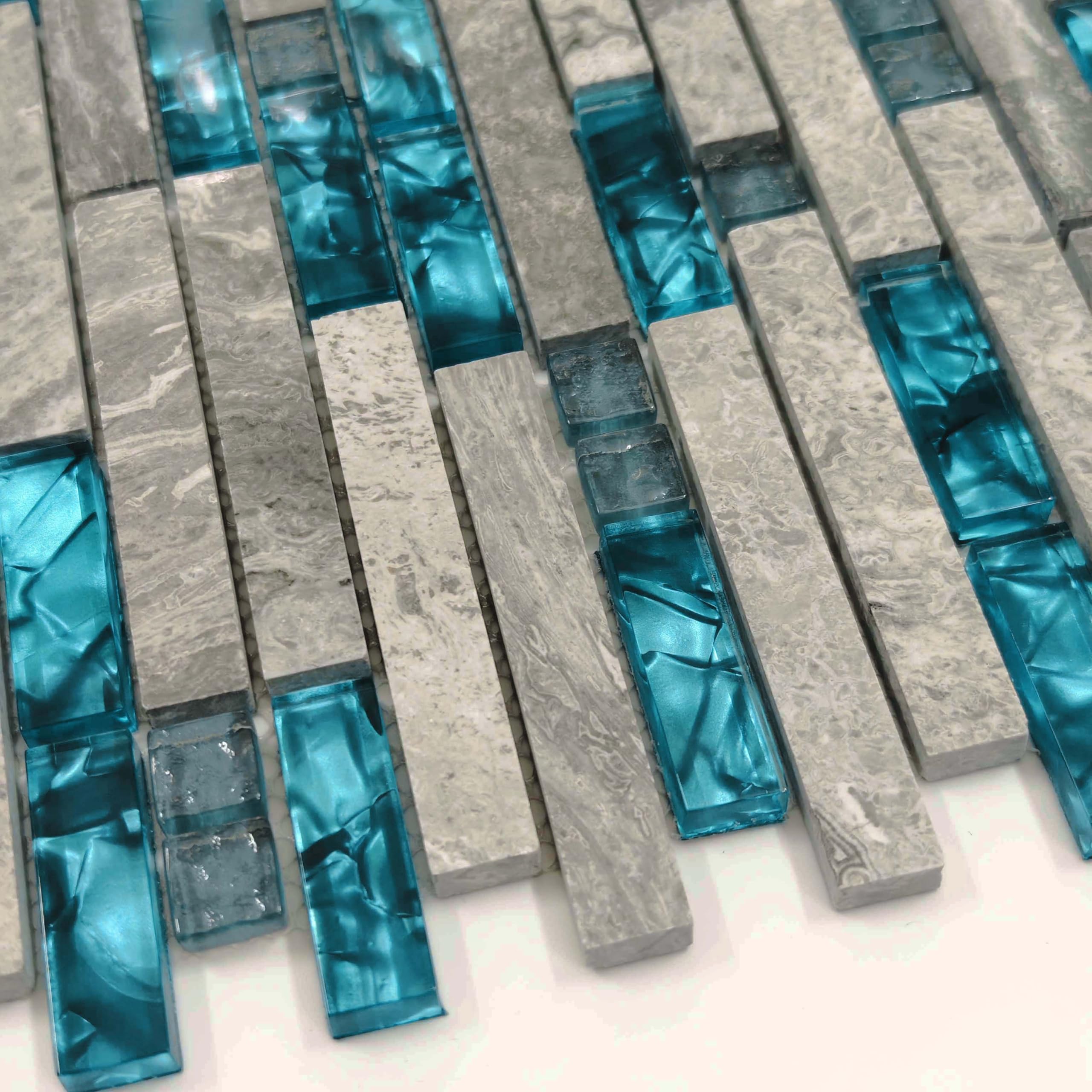 Teal Blue Crystal Glass and Gray Polished Marble Linear Mosaic Tile - 11 Sq Ft Interlocking Bathroom Wall Tiles, Kitchen Backsplash, Fireplace Decor for Modern Home Renovation