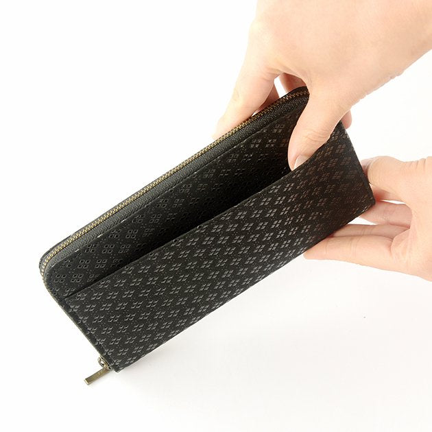 Premium Japanese Deerskin Leather U-Zip Long Wallet with Urushi Lacquer - Hishimon Family Crest Pattern in Gray Black | Handmade in Japan | Perfect for Men's Formal & Business Use