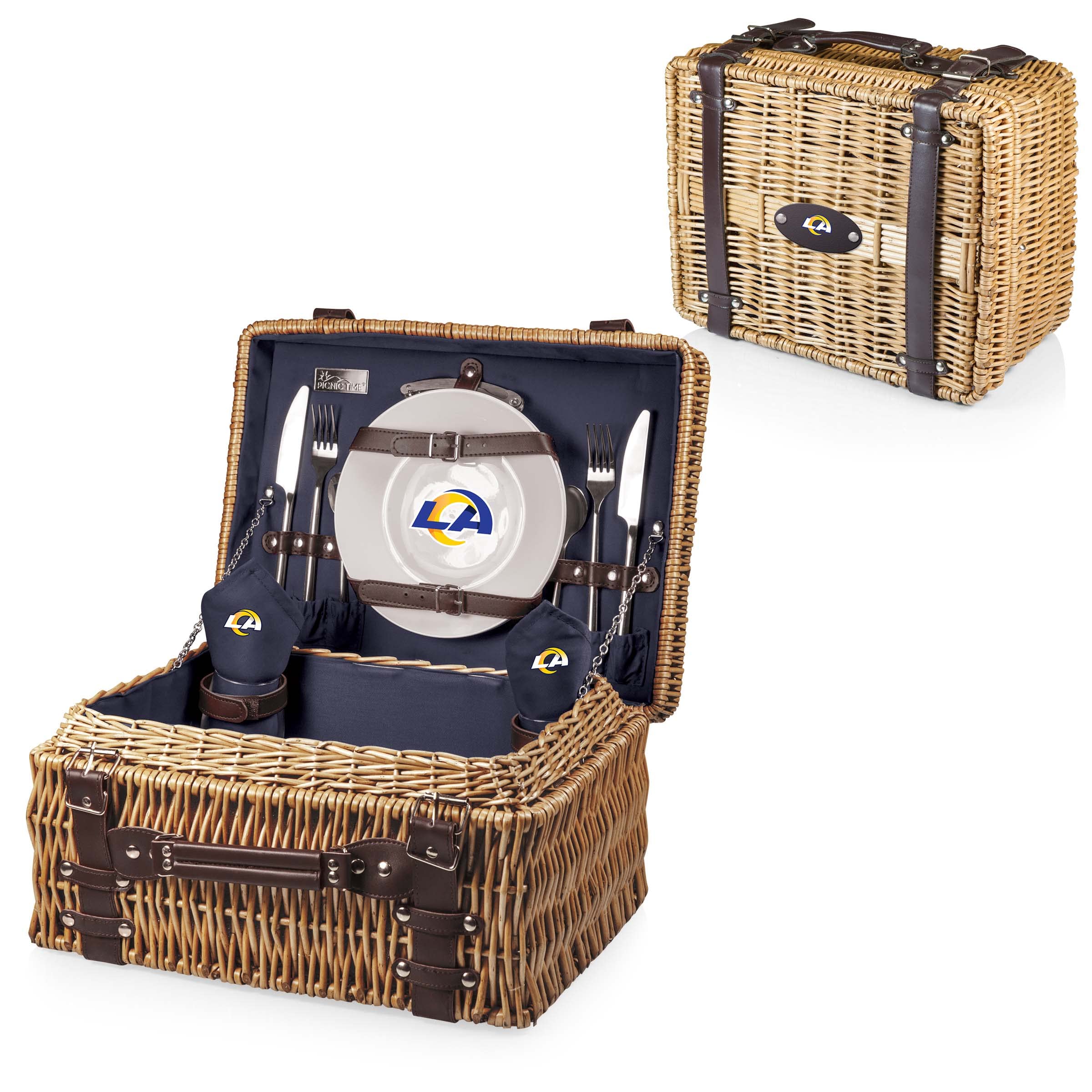 PICNIC TIME NFL Champion Picnic Basket for 2 - Wicker Picnic Basket Set with Plates, Utensils & Blanket (Black/Brown) - Perfect for Outdoor Dining, Football Tailgating & Romantic Picnics