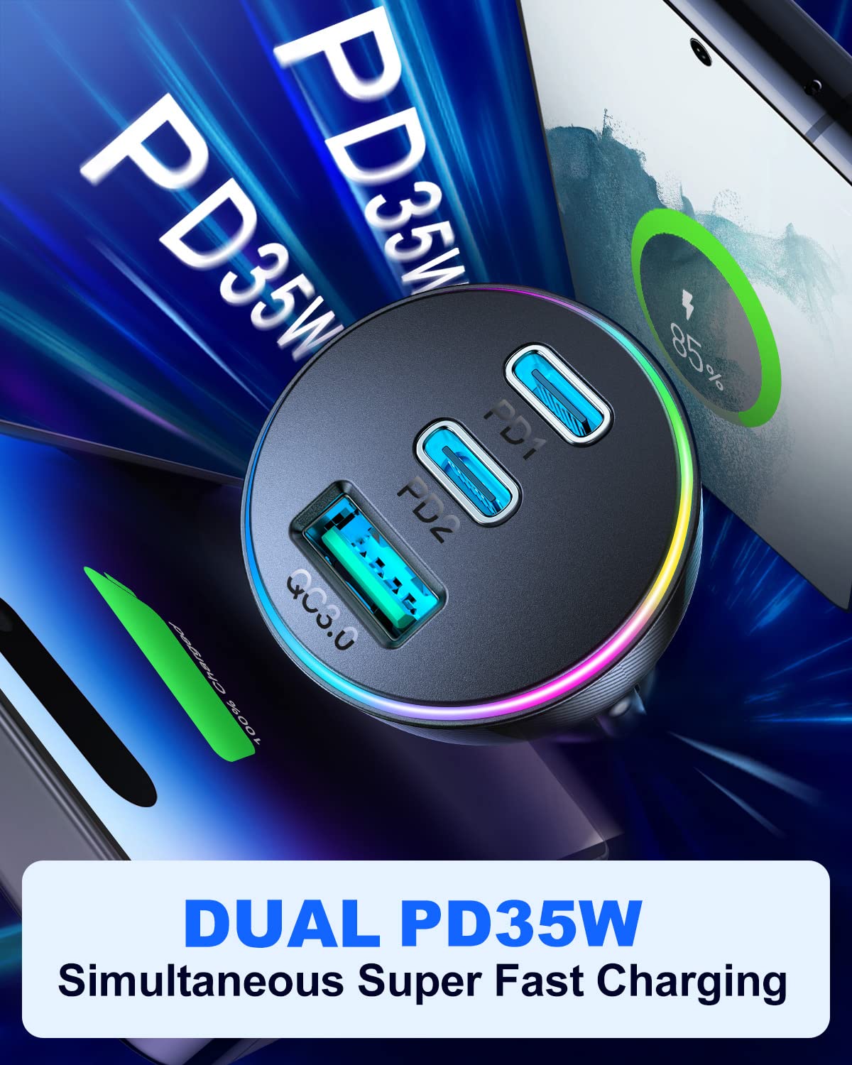 JOYROOM 70W USB C Car Charger Fast Charging - Dual PD 35W & QC3.0 Ports - Compatible with iPhone 16 Pro Max/15/14, iPad Pro, Samsung Galaxy S24/S23/S22, Google Pixel - Perfect for Road Trips & Long Drives