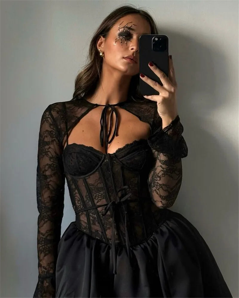 Sexy Black Lace Puffball Mini Dress for Women - Long Flare Sleeve Sheer Club Party Dress with Lace Up & High Waist | Perfect for Night Out, Date Night, and Special Occasions
