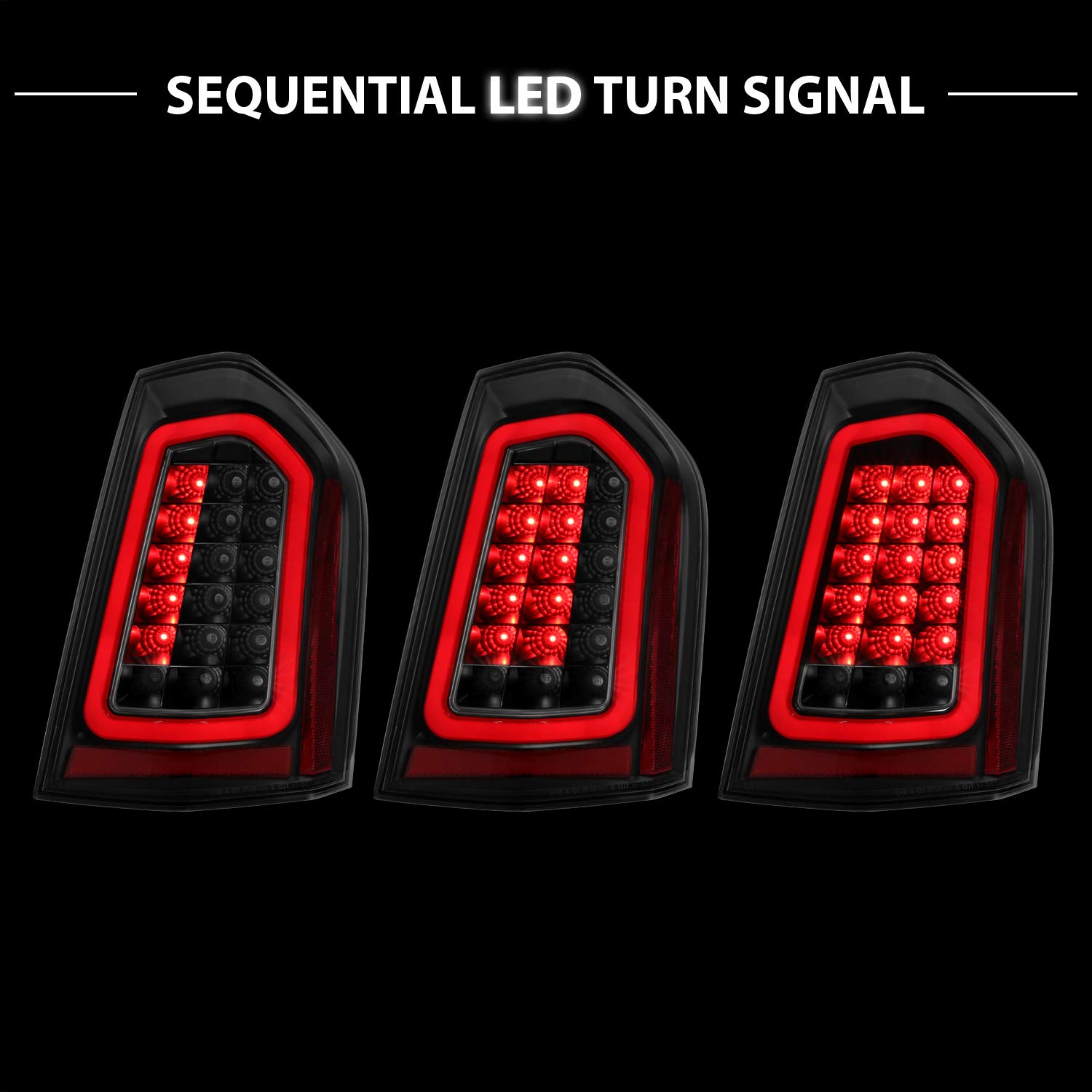 AmeriLite Black Full LED Sequential Turn Signal Tail Lights - Clear Lens Red Tube for 2011-2014 Chrysler 300 (Pair, Left & Right Side) - Upgrade Your Car's Style & Safety for Night Driving & Custom Look