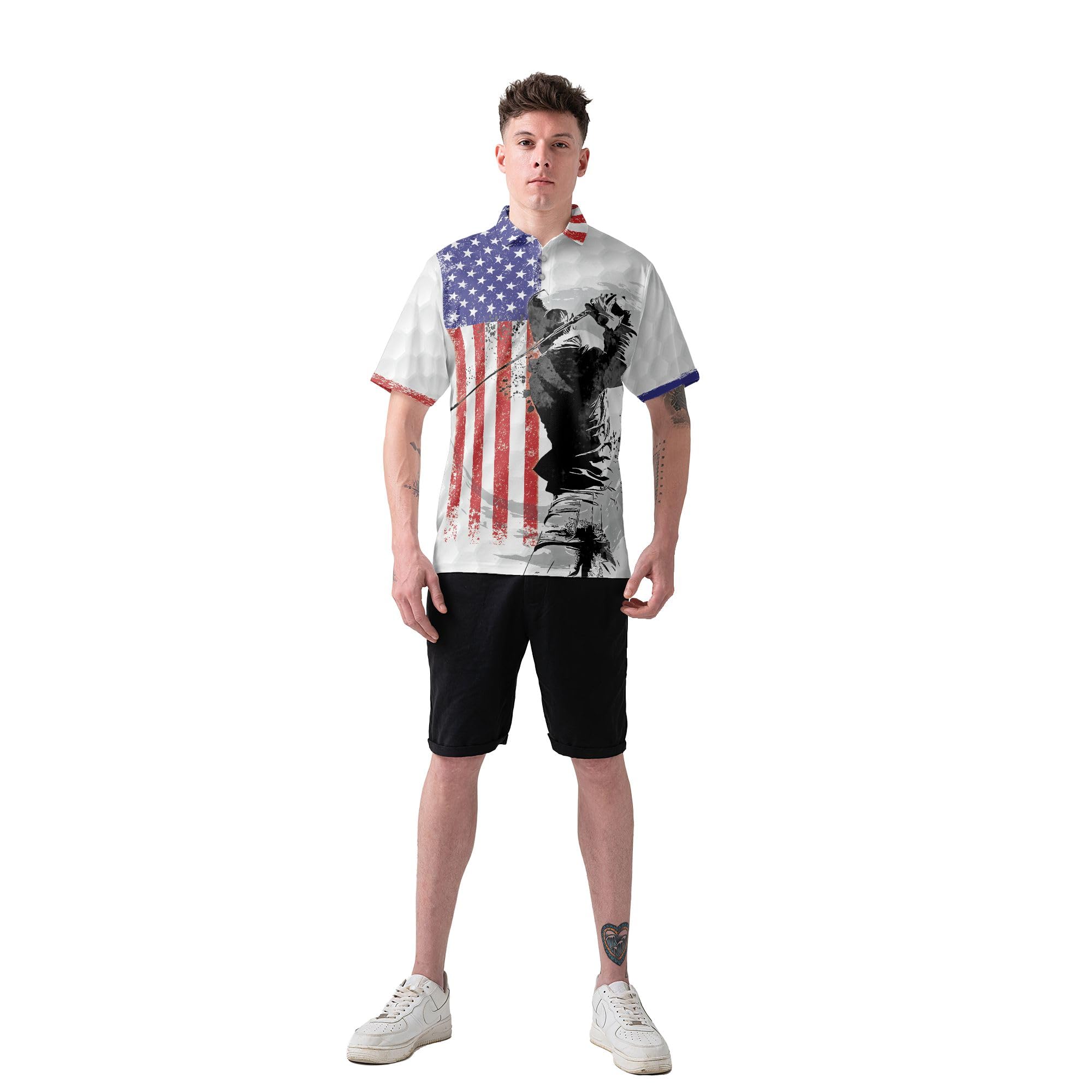**Patriotic American Flag Golf Polo Shirts for Men - Short Sleeve Moisture-Wicking Performance Shirt - Ideal for Golf, BBQ, and 4th of July Celebrations**