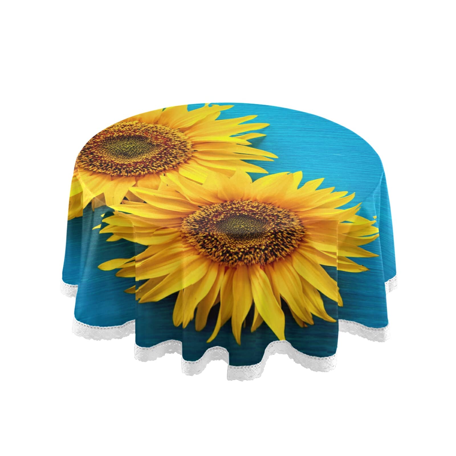 ALAZA 60 Inch Round Blue Sunflower Wooden Tablecloth - Washable Polyester Lace Table Cover for Kitchen, Dining, Party & Picnic Decor | Perfect for Round Tables, Home Decor & Outdoor Events
