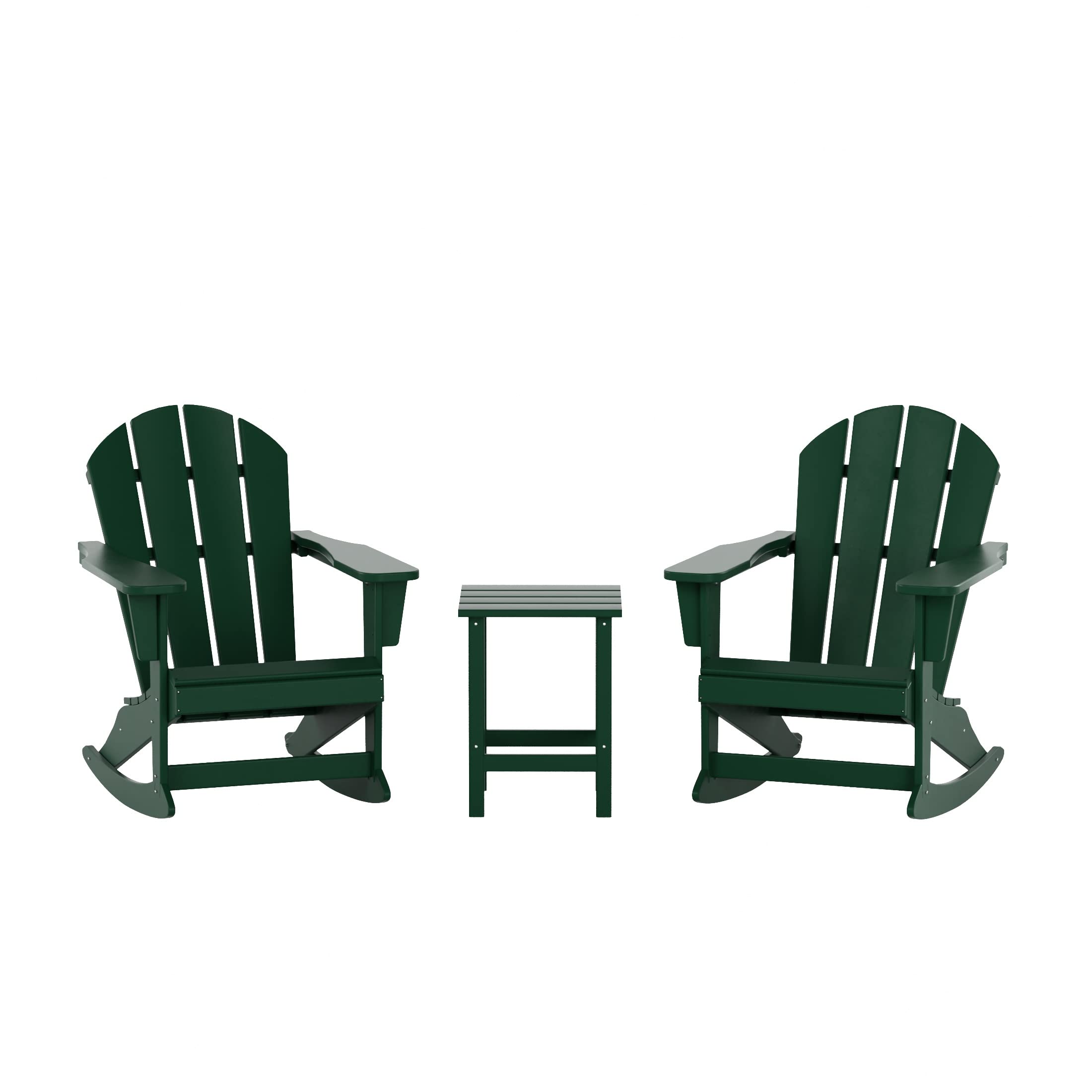 WestinTrends Malibu 3-Piece Outdoor Rocking Chair Set - All-Weather Poly Lumber Patio Furniture, 2 Adirondack Rockers with Side Table in Dark Green - Perfect for Porch, Garden, Backyard Relaxation and Outdoor Entertaining