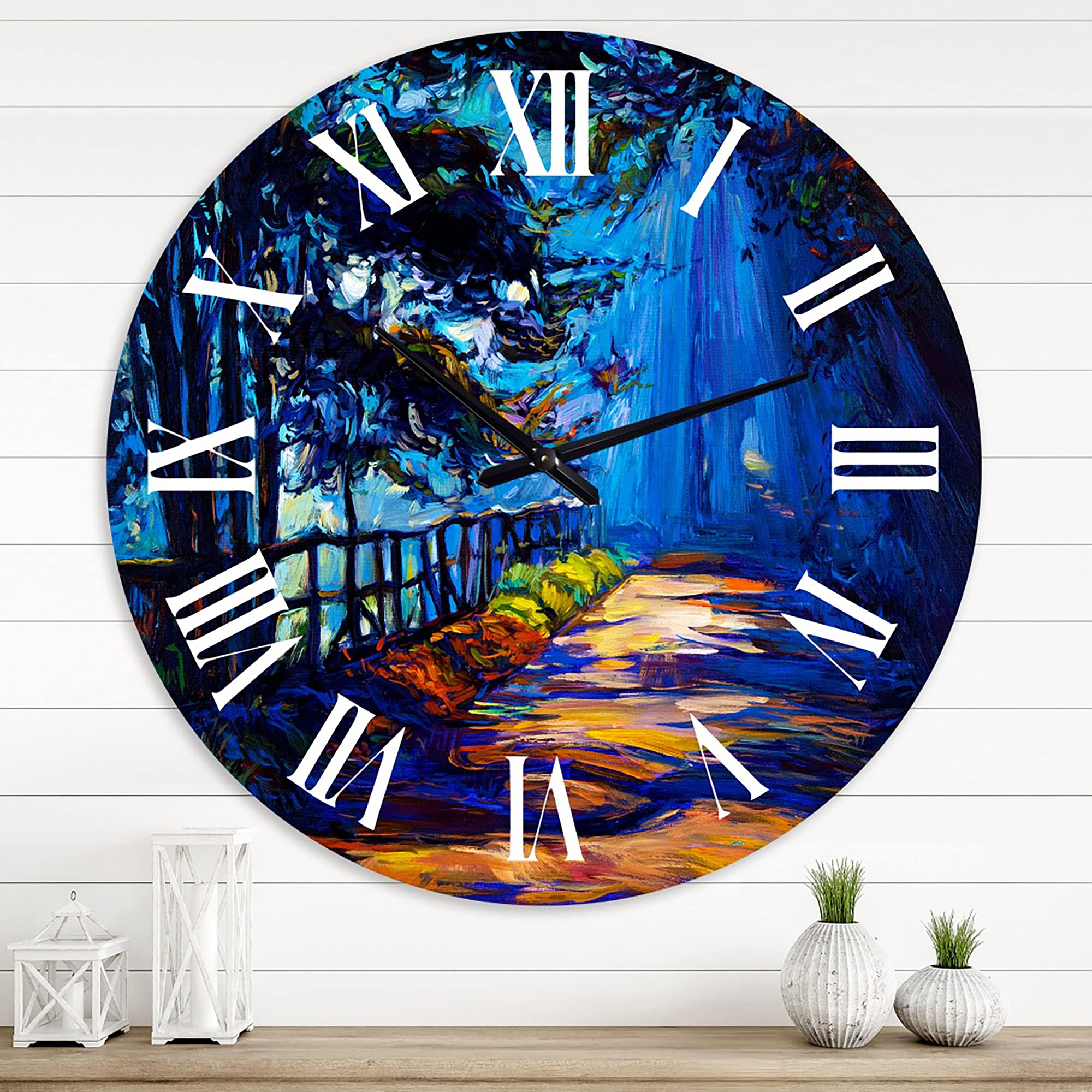 DesignQ Lake House Wall Clock 'Shadows in The Afternoon On Park Road' - Large Landscape Nature Wall Clock for Living Room, Bedroom & Office Decor - Perfect for Farmhouse, Rustic & Coastal Home Interiors