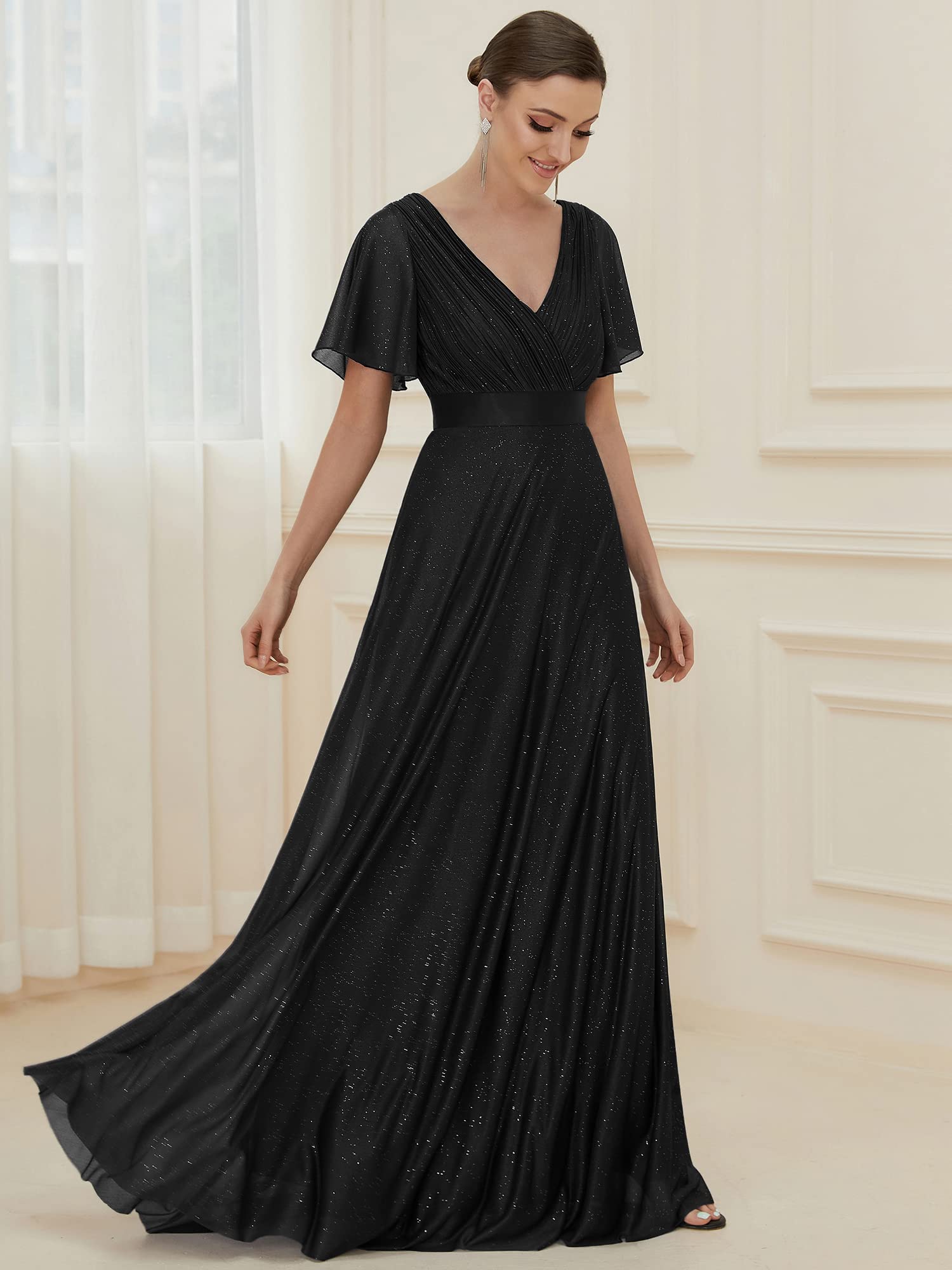 Ever-Pretty Women's V-Neck Short Sleeve Glitter A-Line Evening Dress for Prom, Cocktail Party & Formal Occasions - Style 50159