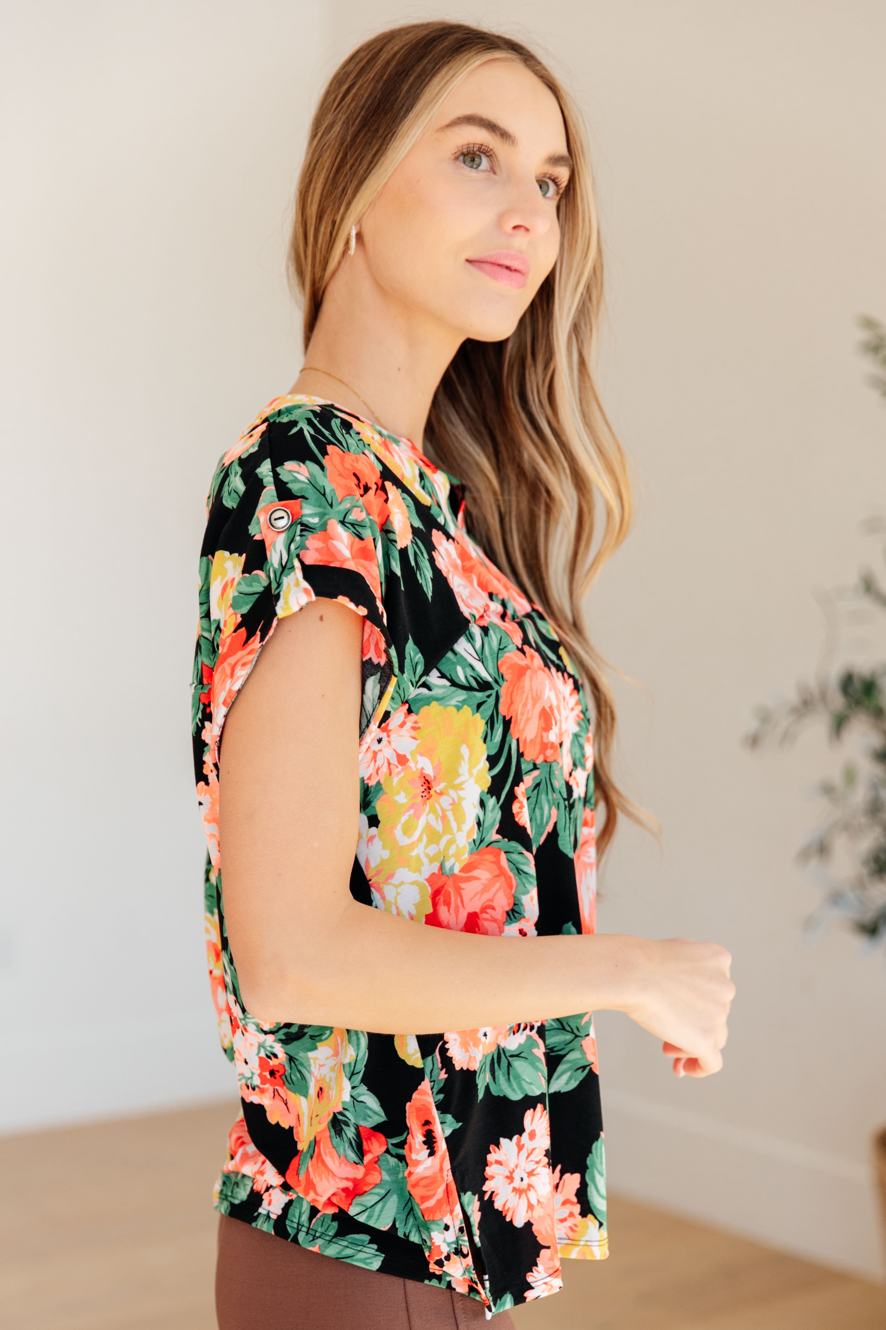 Lizzy Cap Sleeve Top - Black Garden Floral Print Women's Blouse | Perfect for Spring Outfits, Date Nights & Office Wear