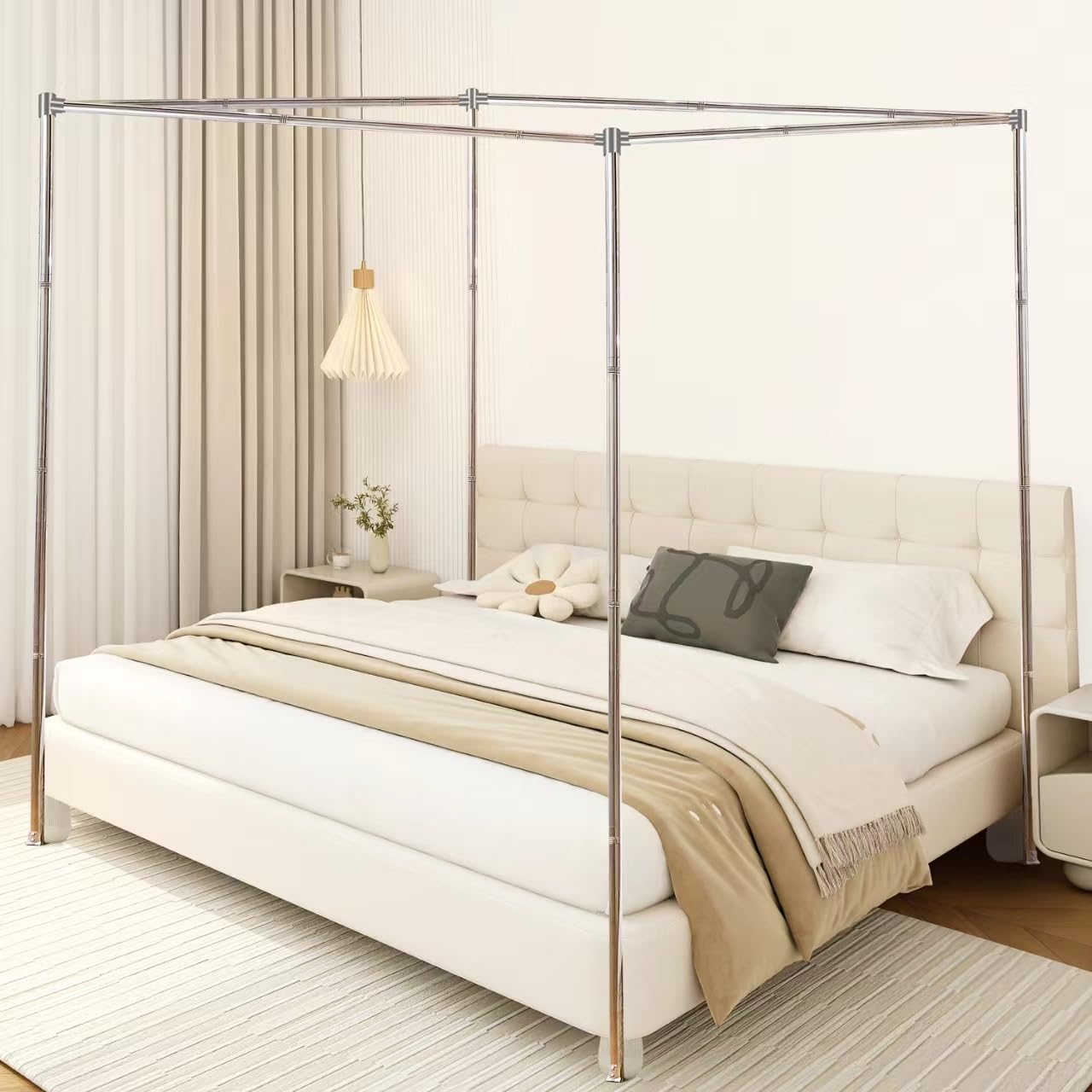 Full Size Canopy Bed Frame - Thick Stainless Steel 4-Post Canopy Frame with Mosquito Net for Bedroom Decor | Romantic & Bohemian Style Bedroom Setup