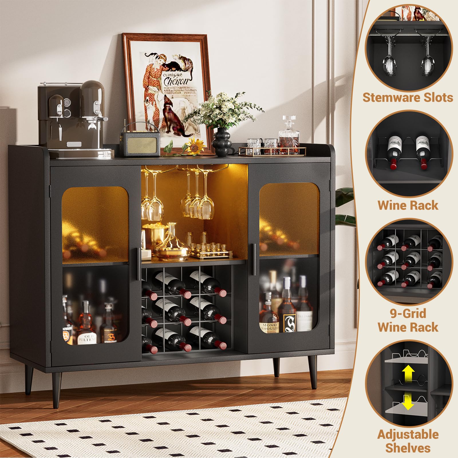 Black Wine Bar Cabinet with Power Outlet & LED Lights - Modern Liquor Storage with Glass Holder & Storage Shelves - Perfect for Home Bar, Coffee Station, Kitchen Buffet or Dining Room Sideboard