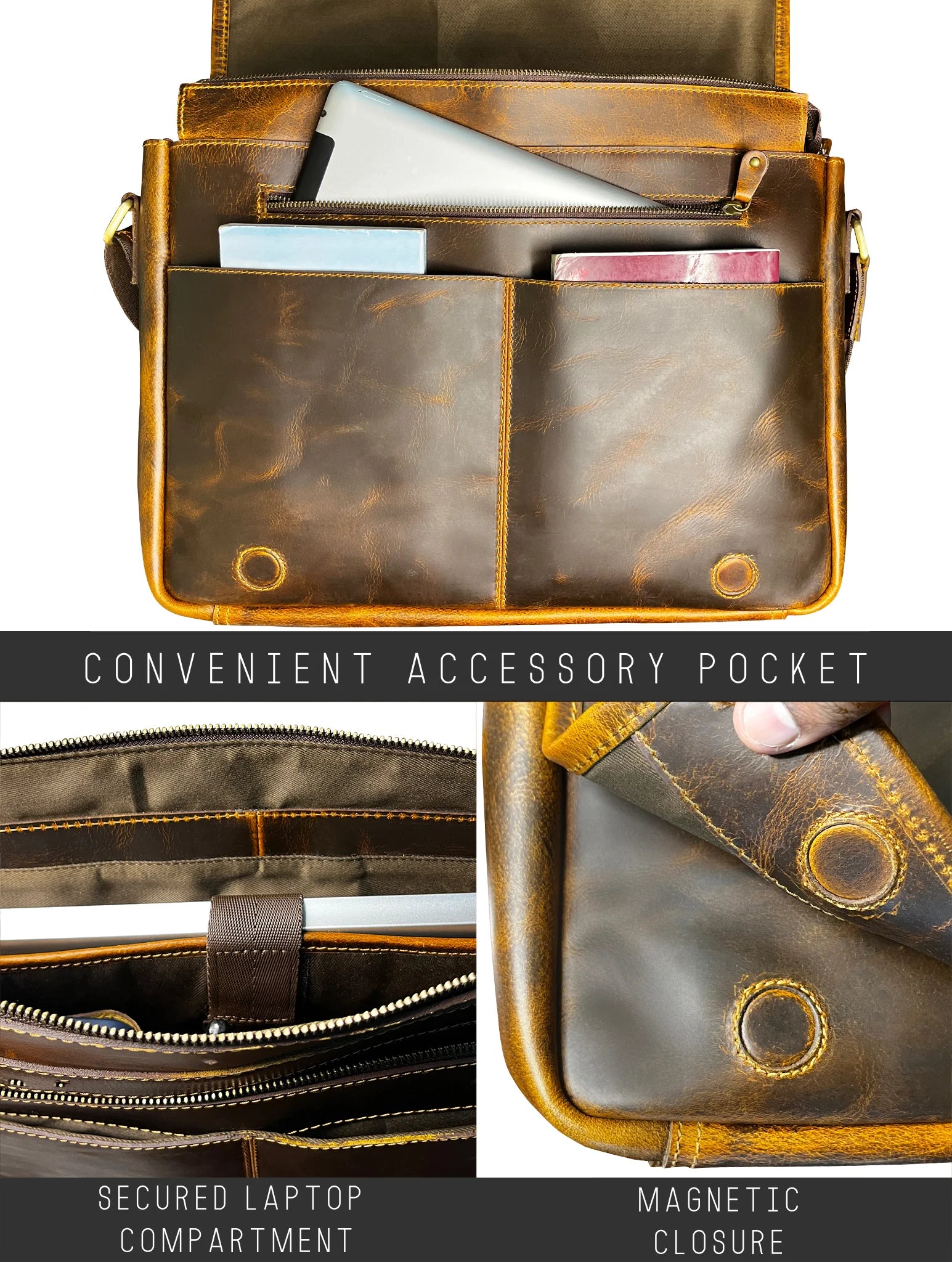 Premium Buffalo Leather Crossbody Laptop Messenger Bag for Men & Women - 16 Inch Business Work Bag (Brown) - Perfect for Office, Travel & Daily Commute