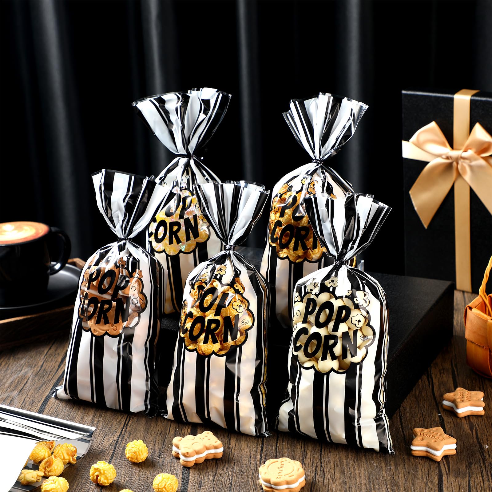 200pcs Popcorn Bags for Movie Night & Parties - Black White Stripe with Twist Ties