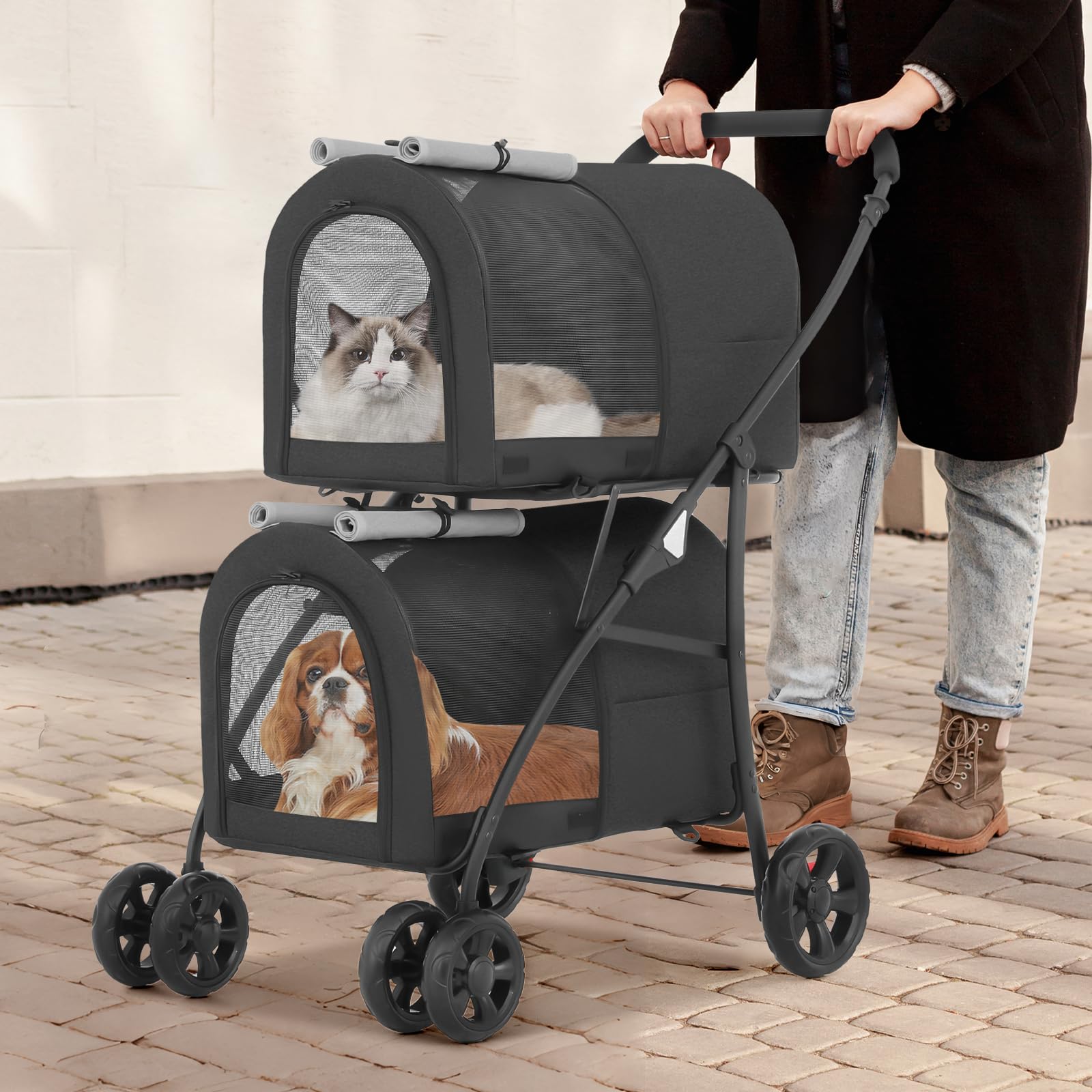 **Magshion Double Dog Stroller with 2 Detachable Carrier Bags - 4-Wheel Folding Pet Travel Cart for Small & Medium Dogs & Cats - Includes Storage Pocket - Black/Gray - Perfect for Park Walks, Vet Visits & Shopping Trips**