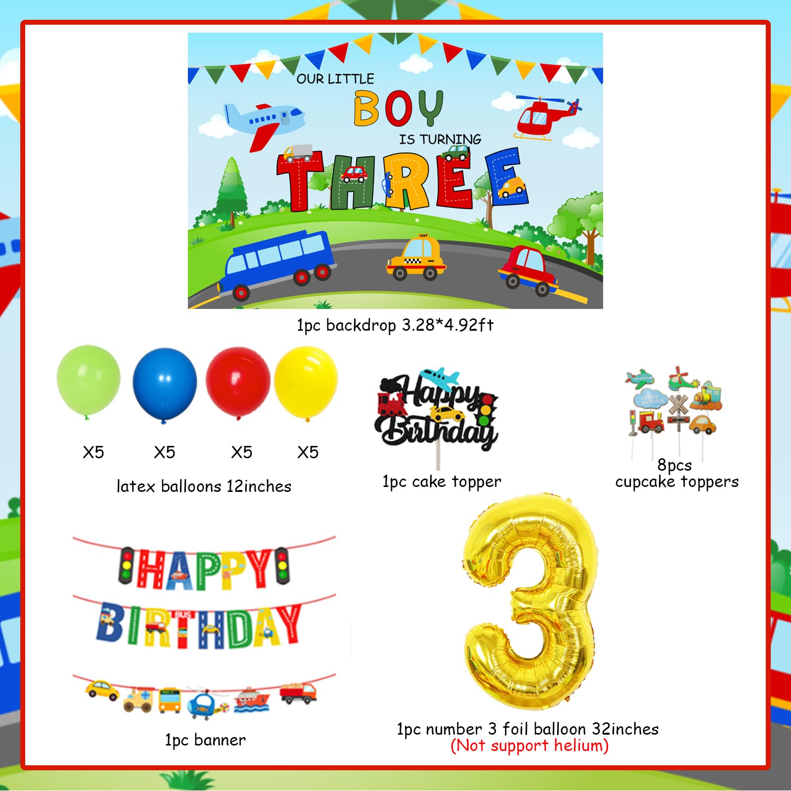 Balerever Transportation Theme 3rd Birthday Party Decorations for Boys - Happy Birthday Banner, Cake & Cupcake Toppers, Train Plane Ship Foil Balloons - Perfect for Transport Vehicle Themed Birthday Celebrations | Ideal for Kids' Birthday Parties, Baby Showers & Special Events