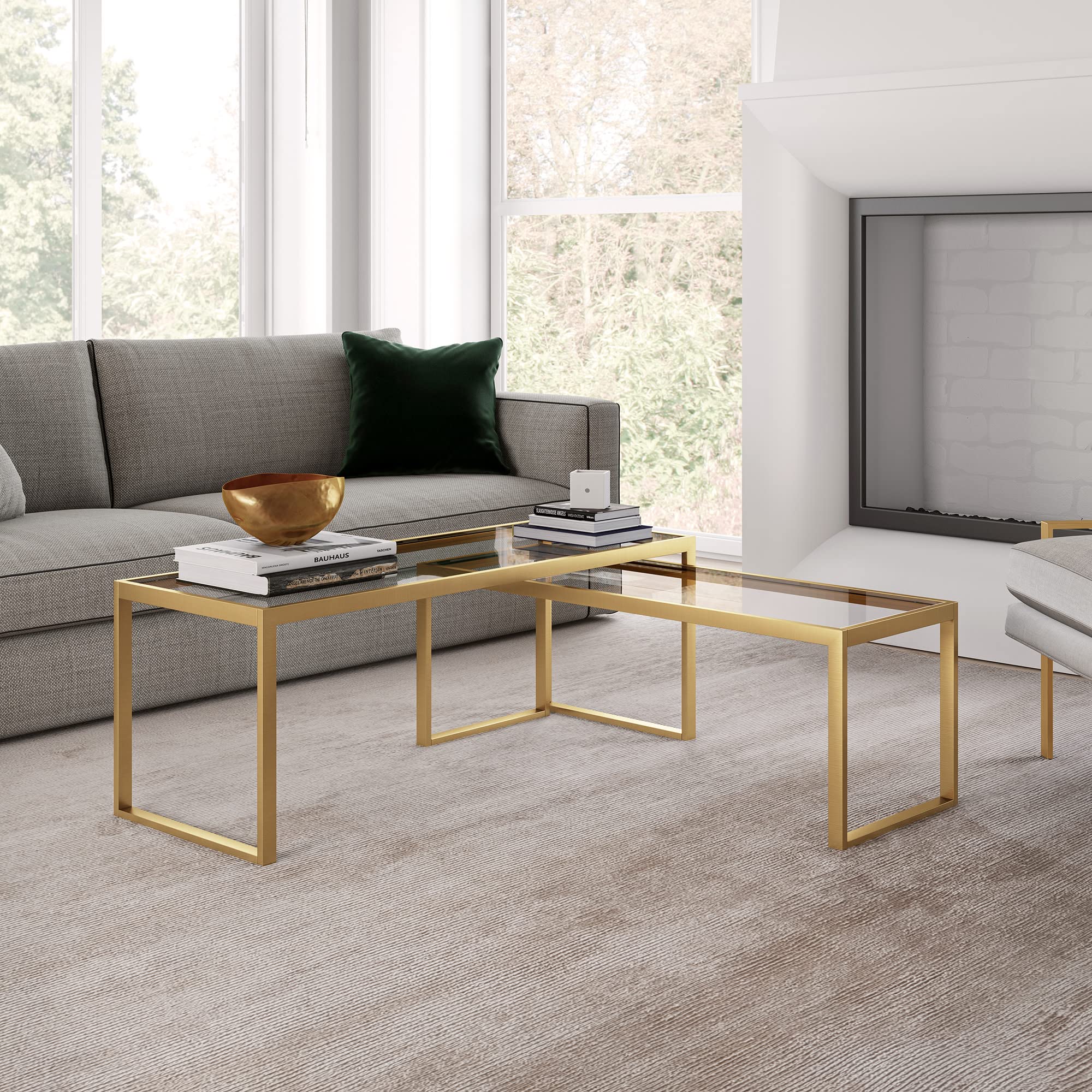 Henn&Hart Rectangular Nested Coffee Table in Brass - Modern Living Room Furniture, Minimalist Studio Apartment Essentials - Perfect for Small Spaces & Contemporary Home Decor