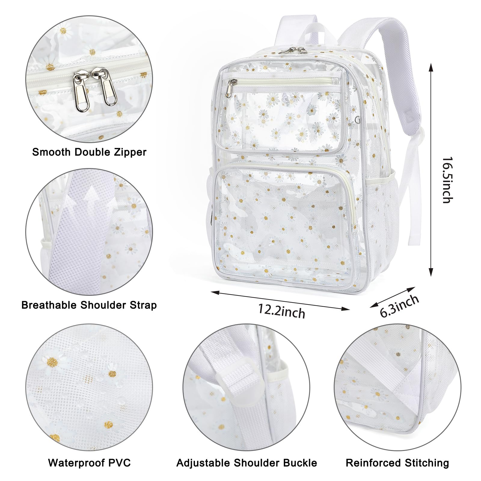 **Durable Clear Backpack for Women & Girls - Heavy Duty Transparent School Backpack, See-Through Bookbag (White) - Perfect for School, Travel & Stadium Events**