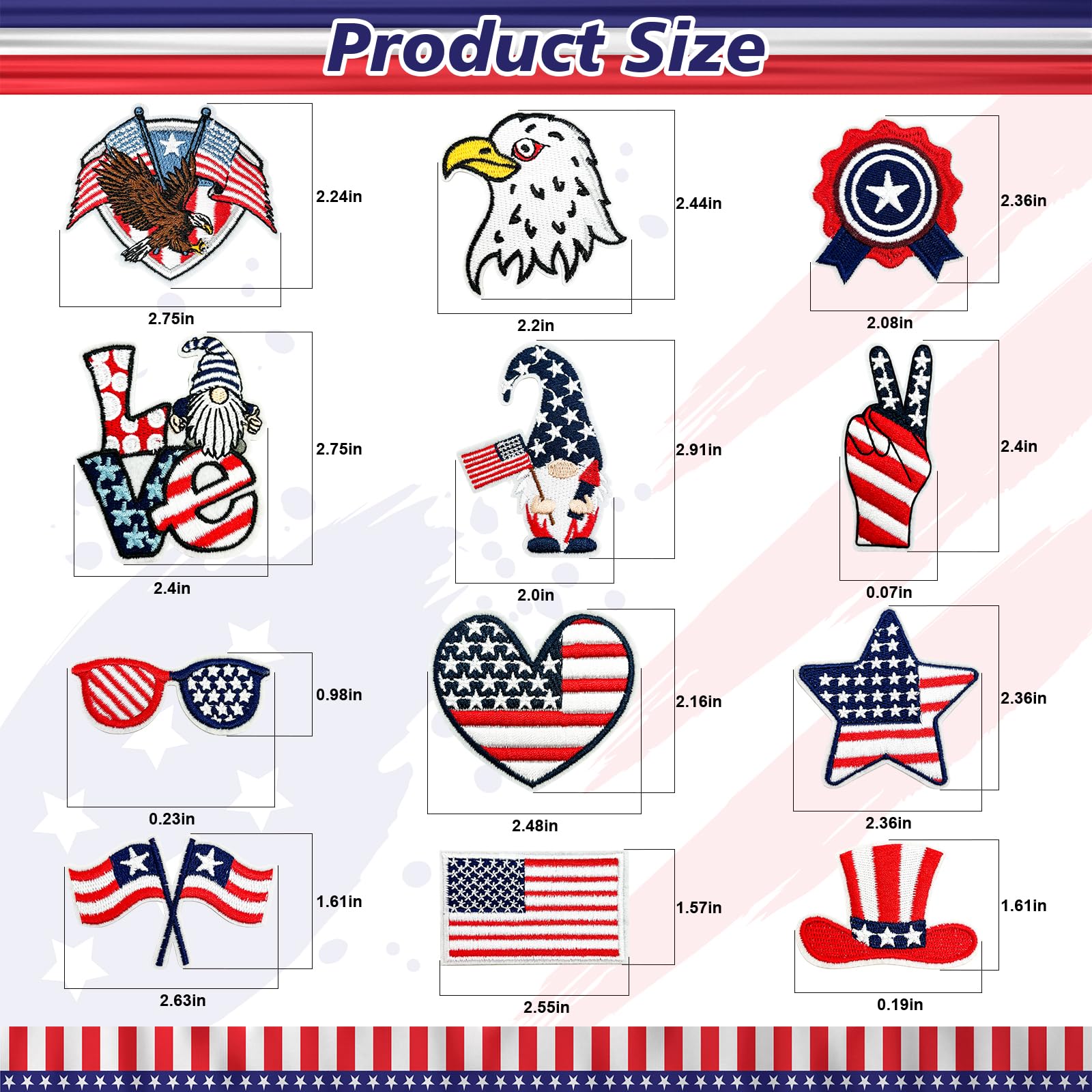 12Pcs 4th of July Iron On Patches - American Flag Patriotic Embroidered Appliques for Clothing, Hats, Jeans & Backpacks | Independence Day Decorations & DIY Craft Supplies for Festive Celebrations