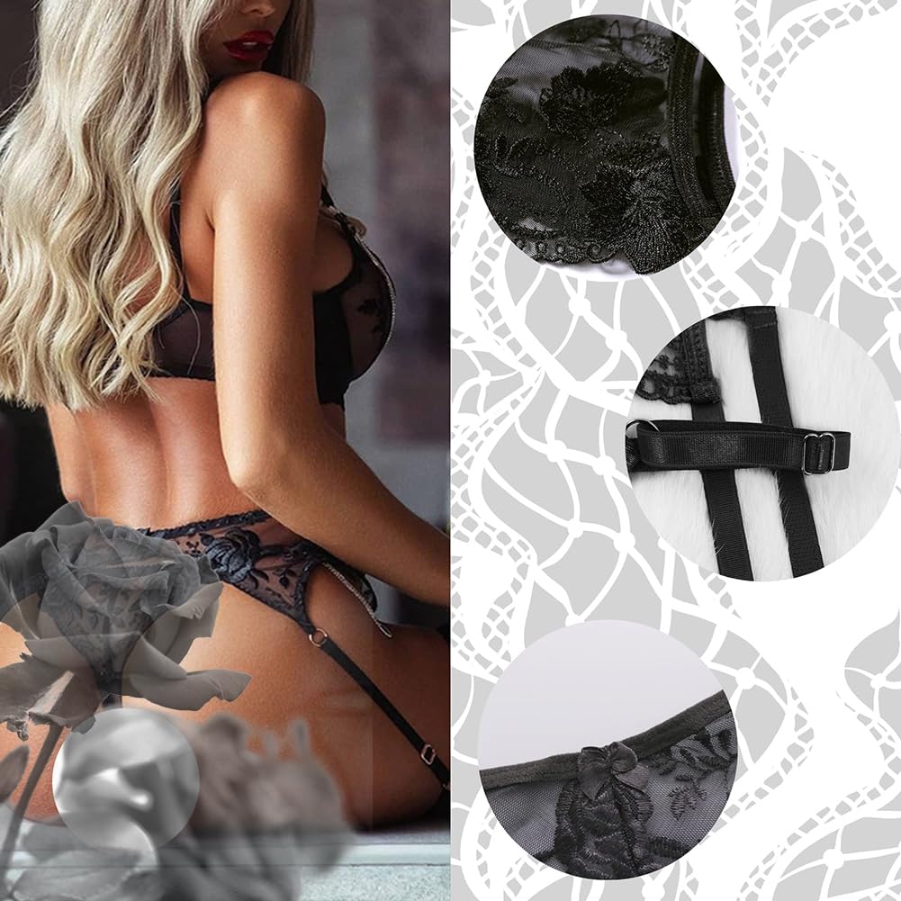 Sexy Lace Garter Belt & Thong Set for Women - 4 Metal Clip Suspender Lingerie with Stockings Holder | Perfect for Bridal, Boudoir & Romantic Nights