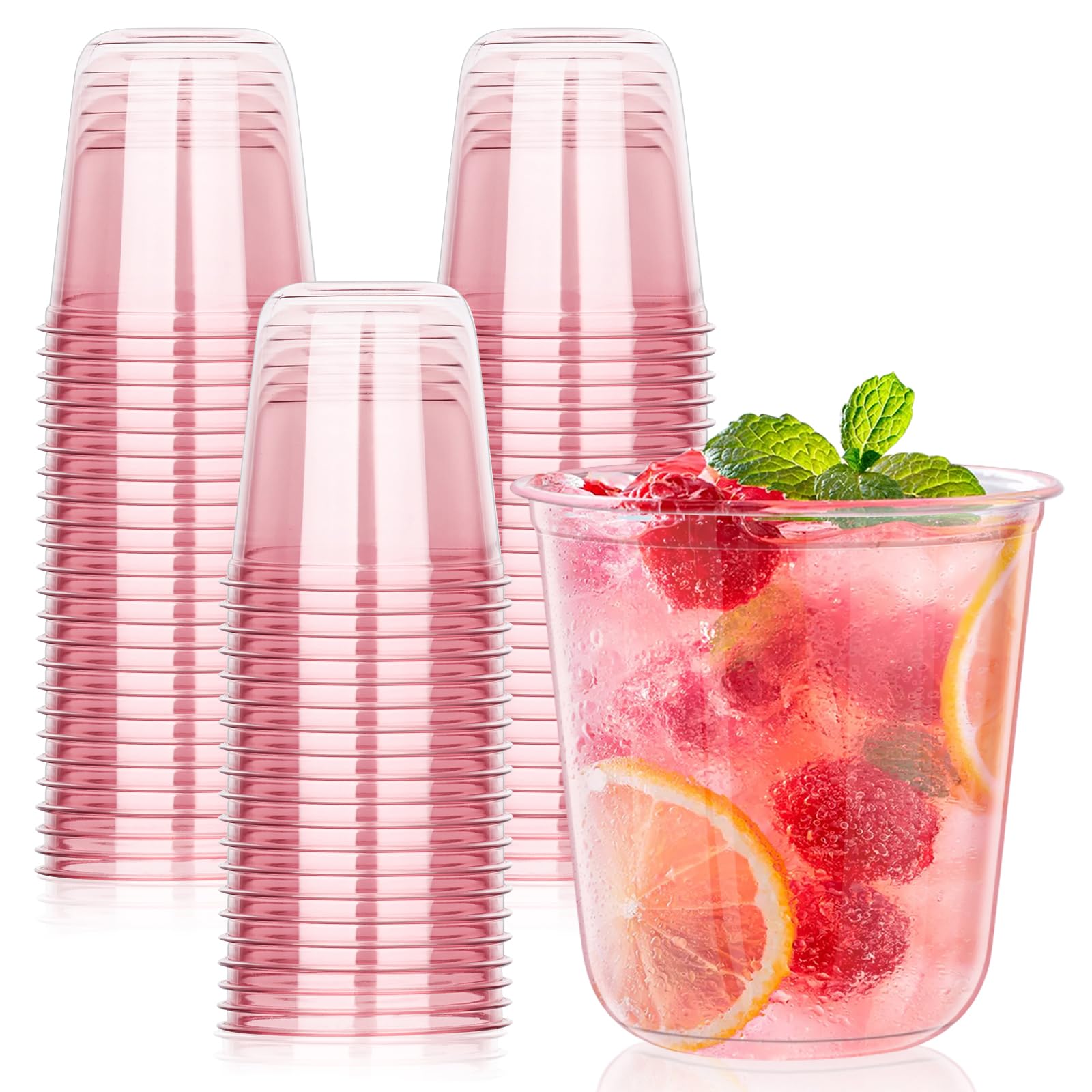 KesaPlan 50-Pack 12oz Pink Plastic Wine Cups | Disposable Stemless Cocktail Glasses for Parties, Weddings & Events | Clear Plastic Drinkware for Christmas Celebrations, Office Meetings & Social Gatherings