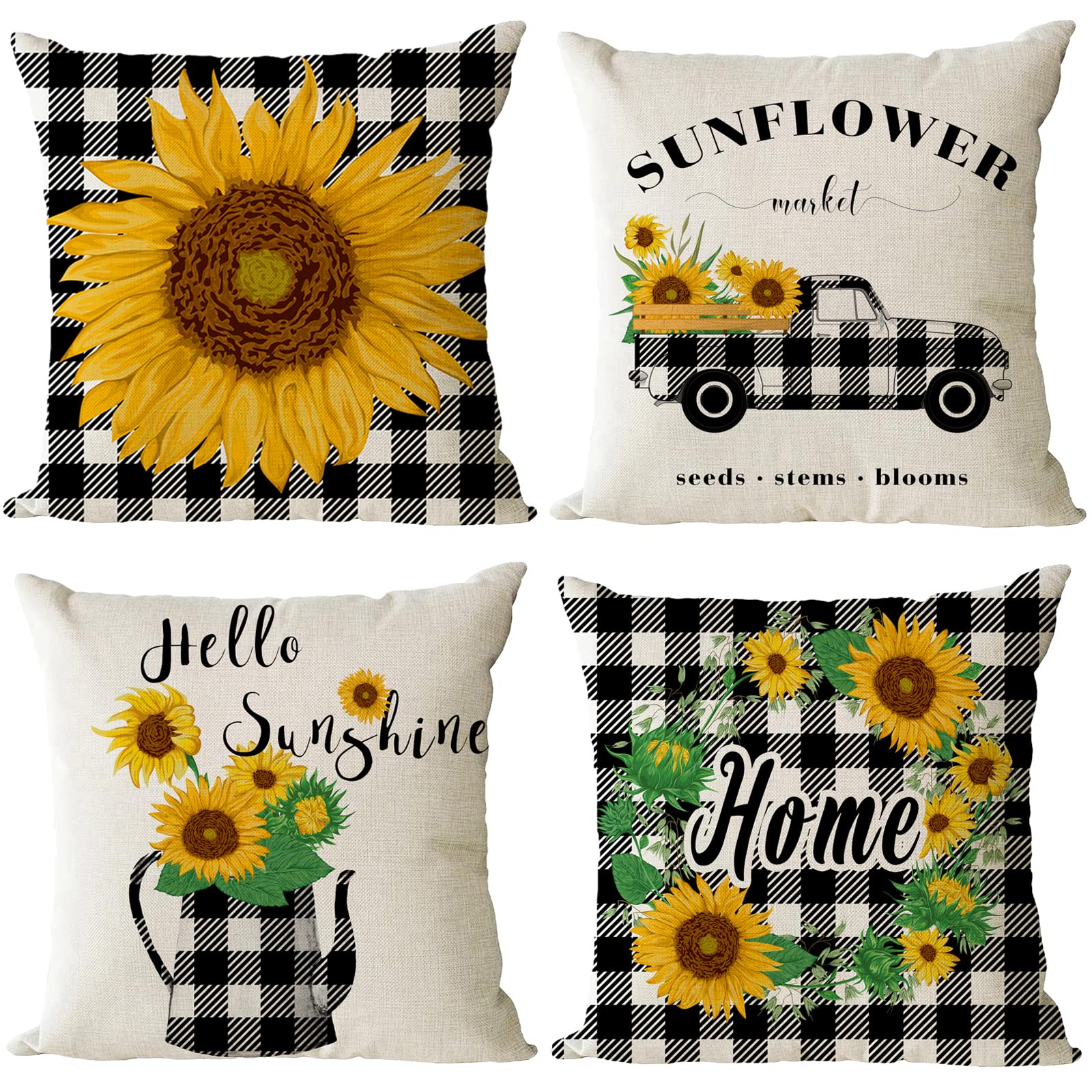 YeeJu Set of 4 Sunflower Pillow Covers 20x20 Inch - Farmhouse Buffalo Plaid Cotton Linen Throw Pillow Cases for Couch, Sofa, Patio & Outdoor Decor - Perfect for Living Room, Bedroom & Seasonal Home Accents