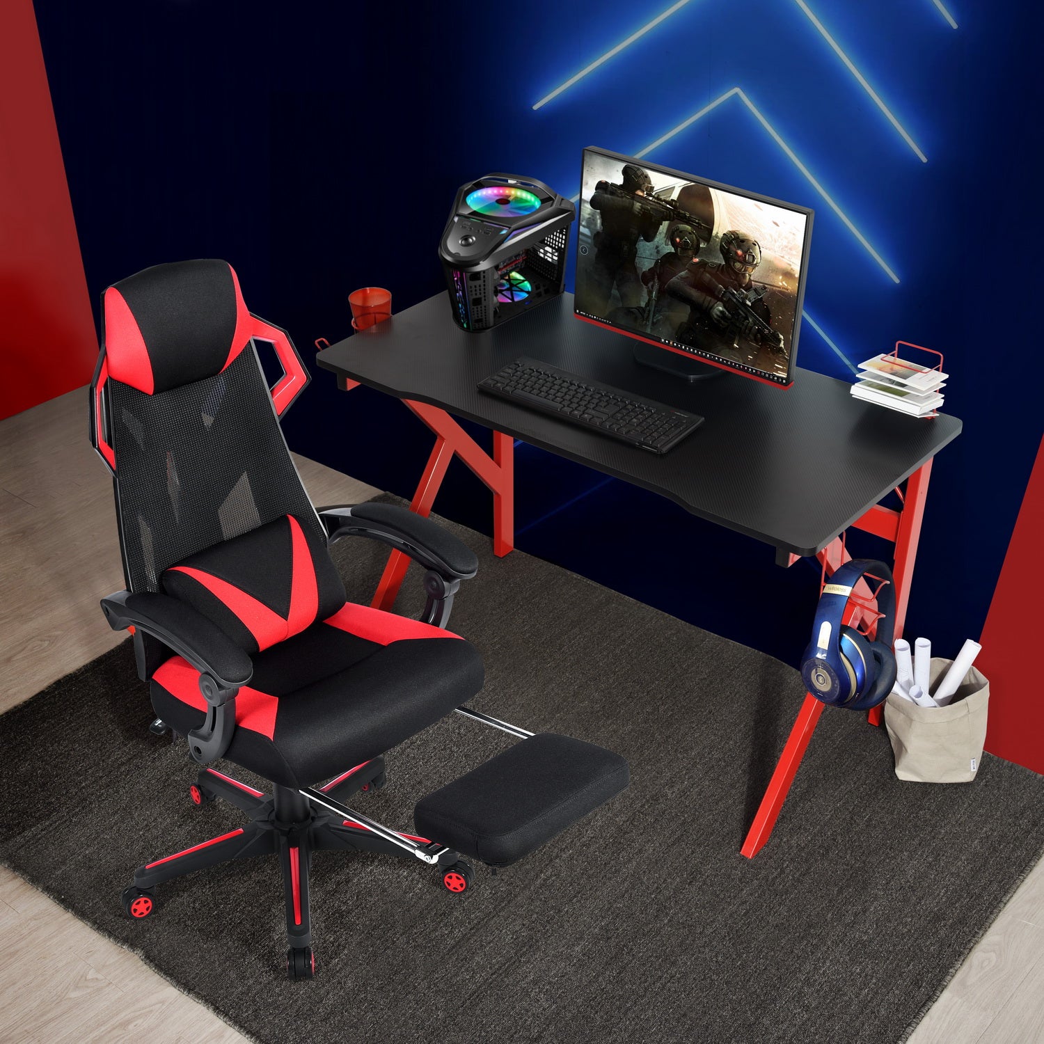 Modern Black & Red Computer Desk - Scratch Resistant, Waterproof Surface with Multiple Features - Model Ally - Perfect for Home Office, Gaming Setup & Small Workspaces