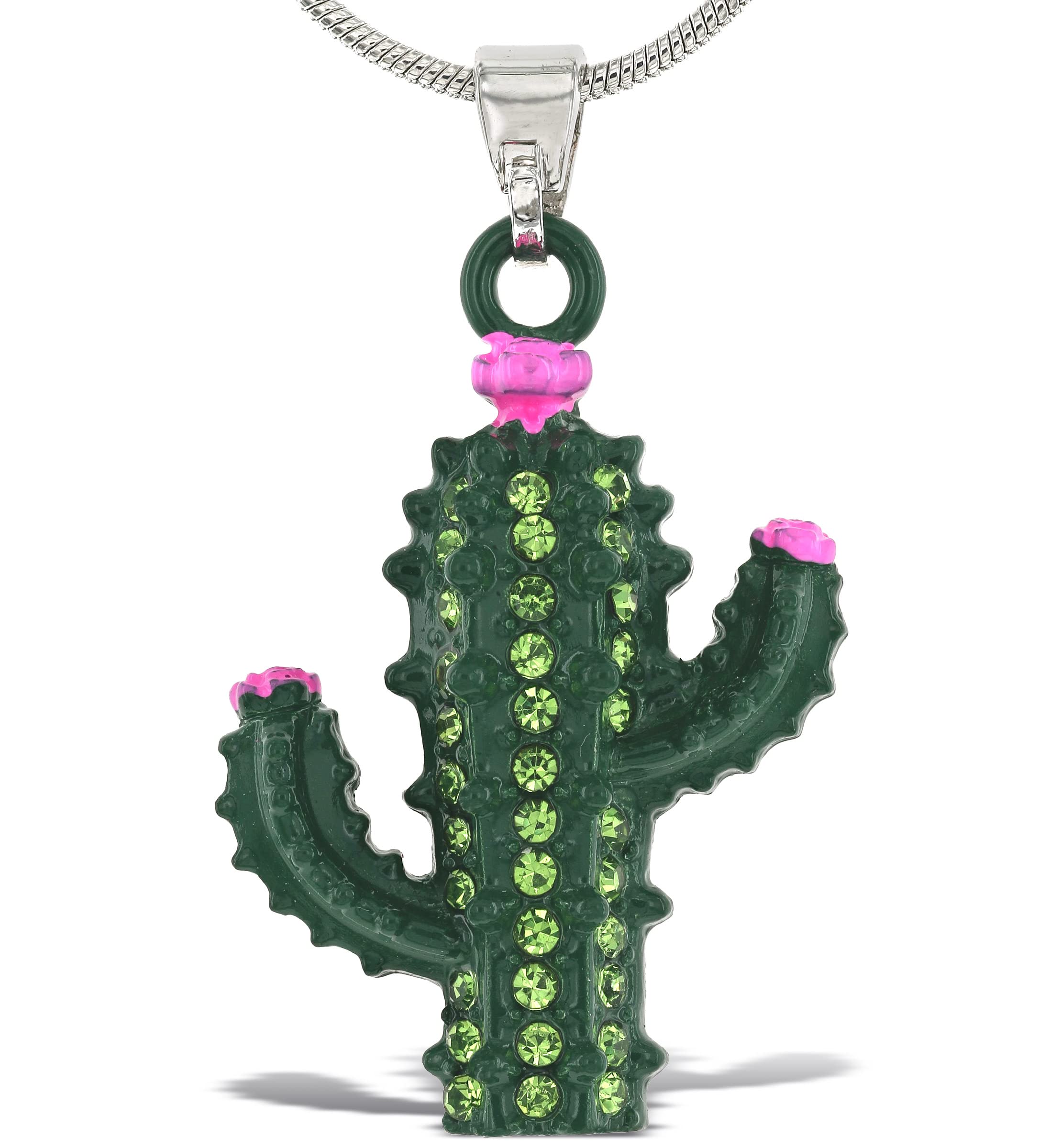 Silver Cactus Sparkling Crystal Pendant Necklace - Elegant Southwest Jewelry with Shiny Cactus Charm, 18