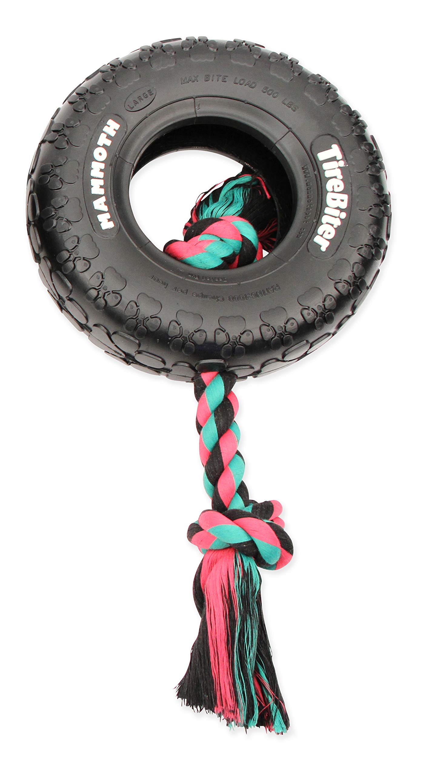 Mammoth TireBiter Originals Dog Chew Toy with Cotton-Poly Rope - Natural Rubber Durable Chew Toys for Large Dogs - 10 Inch Tough Interactive Play Toy for Aggressive Chewers - Perfect for Outdoor Play, Training & Dental Health