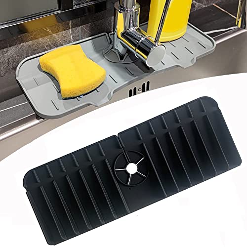 Tohacom Silicone Faucet Splash Catcher - Non-Slip Water Absorbent Mat for Sink Splash Protection - Dishwasher Safe Splash Guard for Kitchen, Bathroom, RV & Vanity (Black) - Perfect for Kitchen Islands, Small Sinks & Mobile Homes