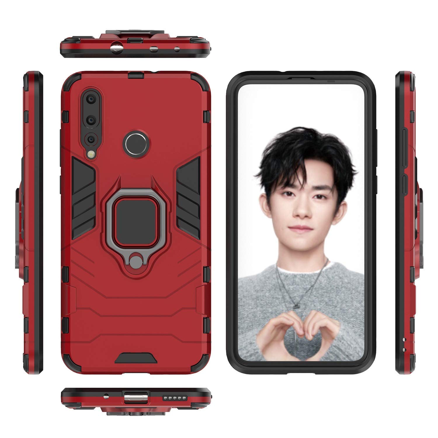 Huawei Nova 4 Case with Metal Ring & Kickstand - Shockproof Hard Bumper Cover Compatible with Magnetic Car Mount | Dual Layer Rugged Protection | Perfect for Daily Use, Travel & Work (Red)
