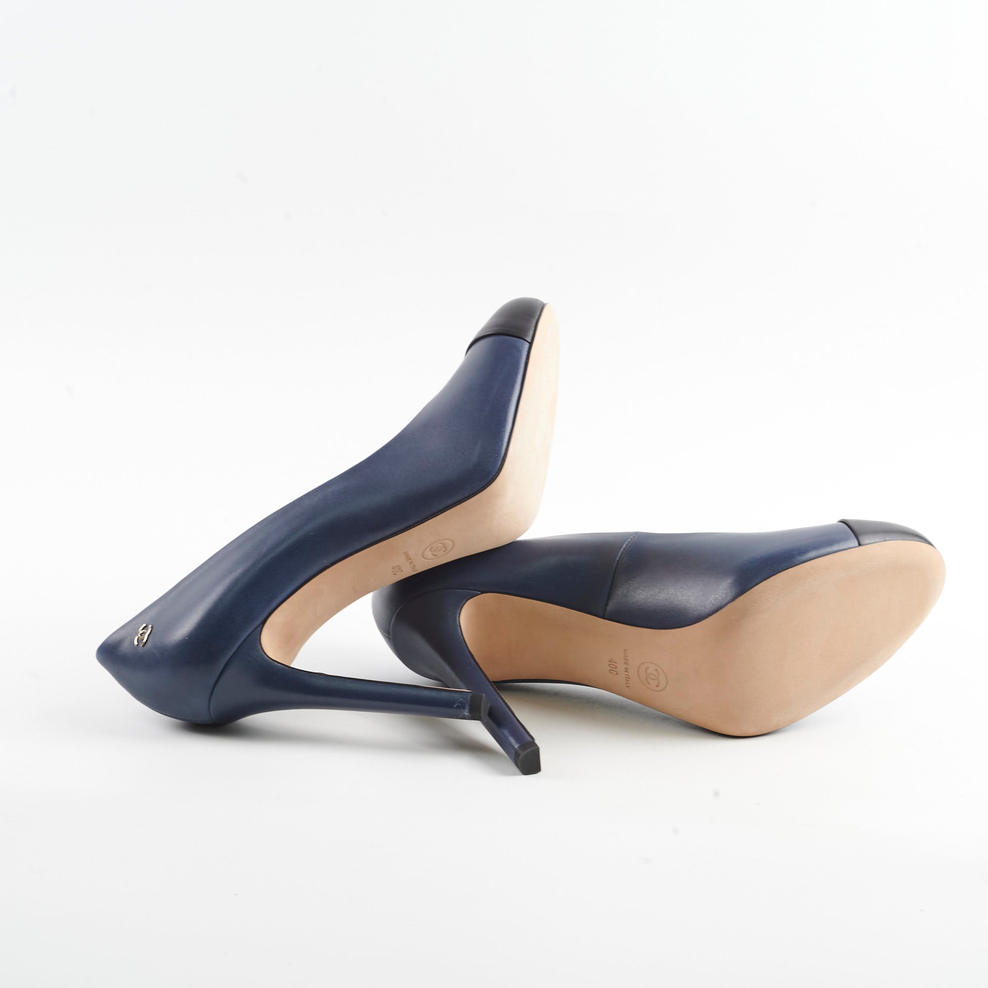 Chanel Navy Blue Cap Toe Leather Pumps Women's Size 40C - Elegant Heels for Office, Parties & Special Occasions