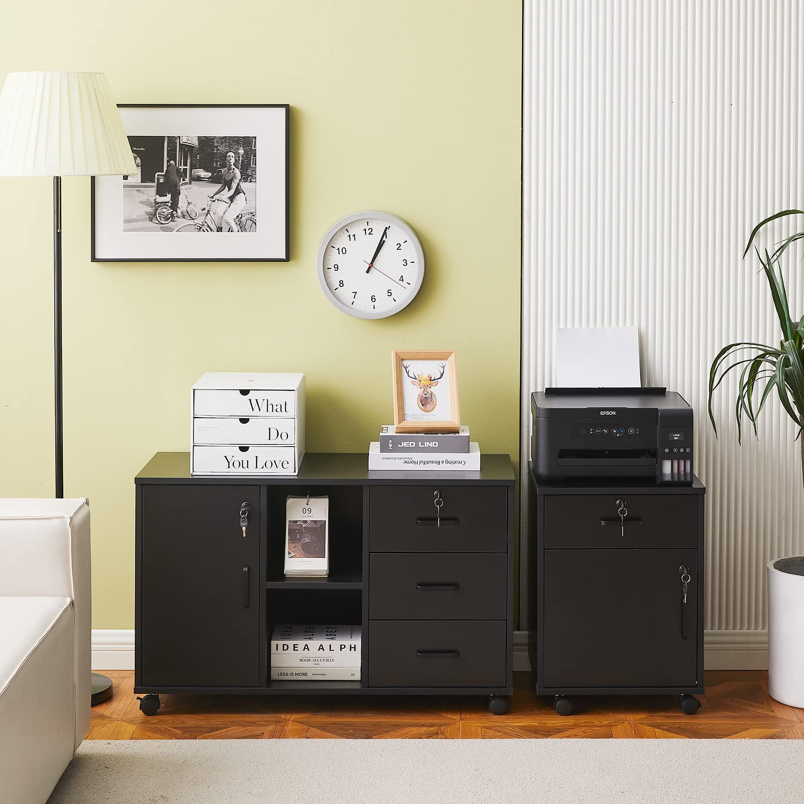 CLIPOP Mobile Office Cabinet with 3 Drawers (1 Lockable) - Under Desk Rolling File Storage Cabinet with Open Shelves & 5 Wheels - Printer Stand Organizer for Home Office (Black) - Perfect for Small Spaces, Document Storage & Workspace Organization