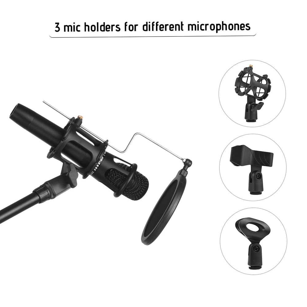 Professional Adjustable Metal Microphone Stand with Boom Arm - 3 Mic Holders & Smartphone Mount for Studio Recording, Podcasting, Live Streaming & Outdoor Performances