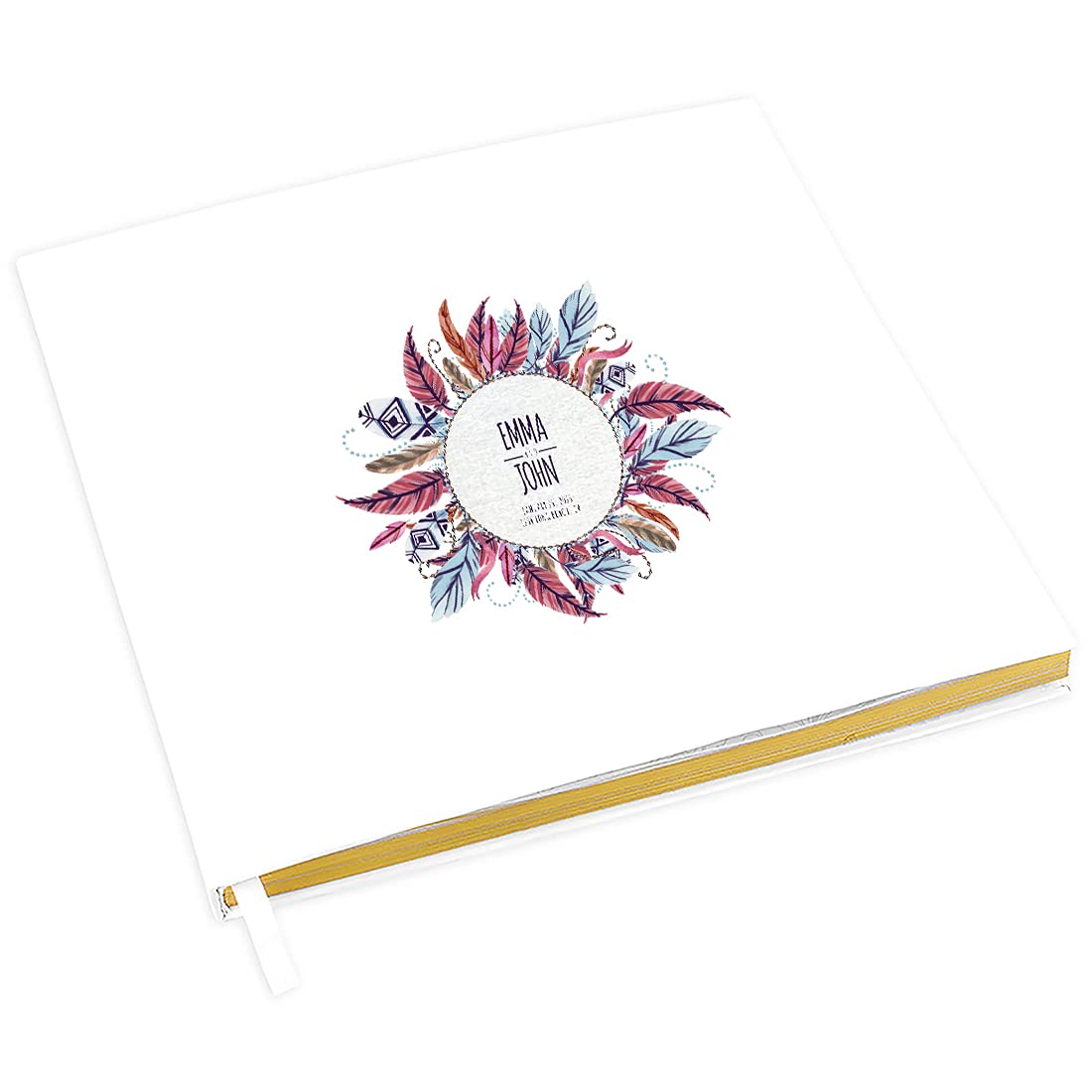 Personalized Wedding Guest Book with Gold Foil & Feather Wreath - 8.5
