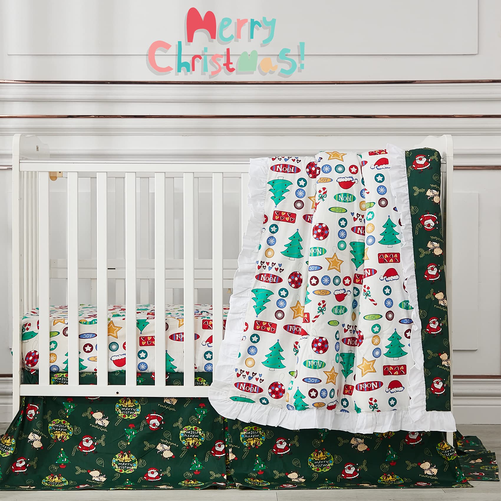 Brandream 3-Piece Christmas Crib Bedding Set - 100% Cotton Baby Nursery Set for Boys & Girls | Gender Neutral Crib Comforter, Fitted Sheet & Dust Ruffle | Perfect for Holiday Nursery Decor & Newborn Gifts