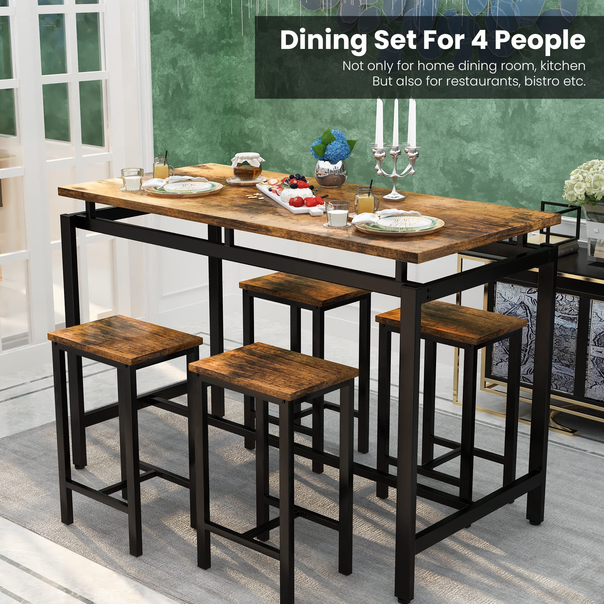 Recaceik 5-Piece Counter Height Dining Table Set for 4 - Kitchen Bar Table with 4 Stools, Modern Breakfast Nook Set for Small Spaces, Apartments & Condos | Perfect for Entertaining, Family Meals & Compact Living Areas