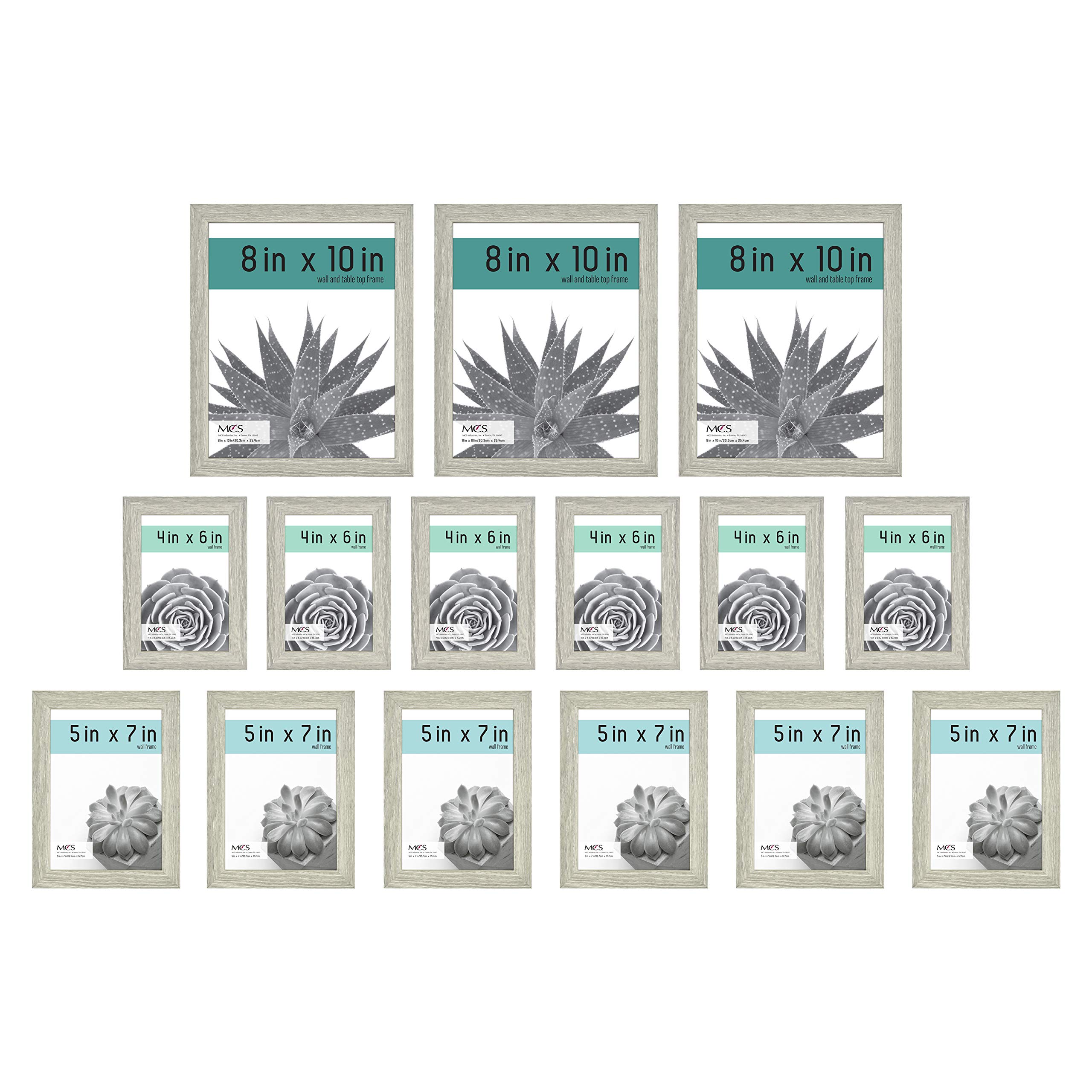 MCS Gallery Essential Picture Frames Set - 15 Piece Wall Display with 4x6, 5x7 & 8x10 Inch Frames in Gray Woodgrain - Perfect for Home Decor, Office Display and Photo Gallery Wall Arrangement