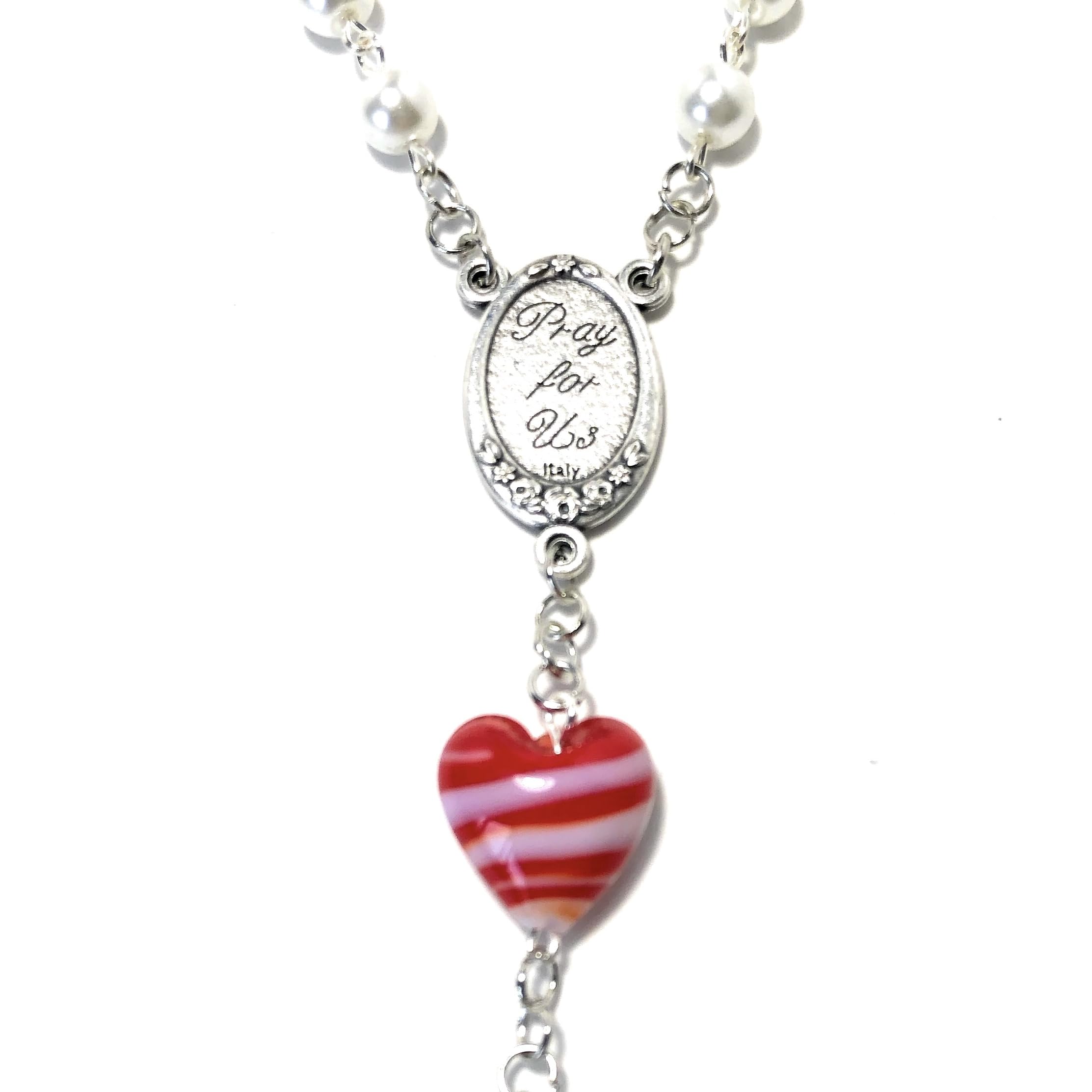 Sacred Heart of Jesus 1-Decade Rearview Mirror Car Rosary - White & Striped Red/Blue/Teal Heart Beads | Catholic Prayer Beads for Safe Driving & Spiritual Protection | Perfect for Commuting, Road Trips & Daily Devotion
