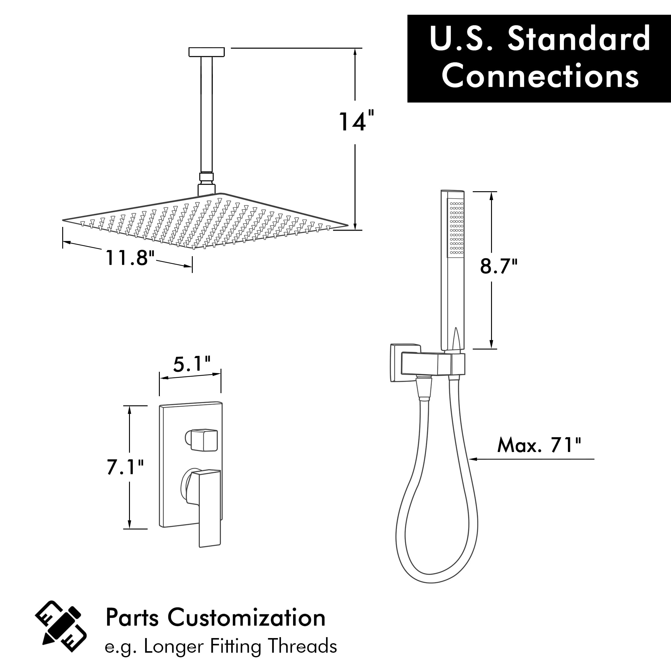 KES 12 Inch Rainfall Shower System - Matte Black Ceiling Mount Shower Head with Handheld Spray, Valve & Trim Kit (Model XB6235S12-BK) for Luxurious Spa-Like Bathroom Experience