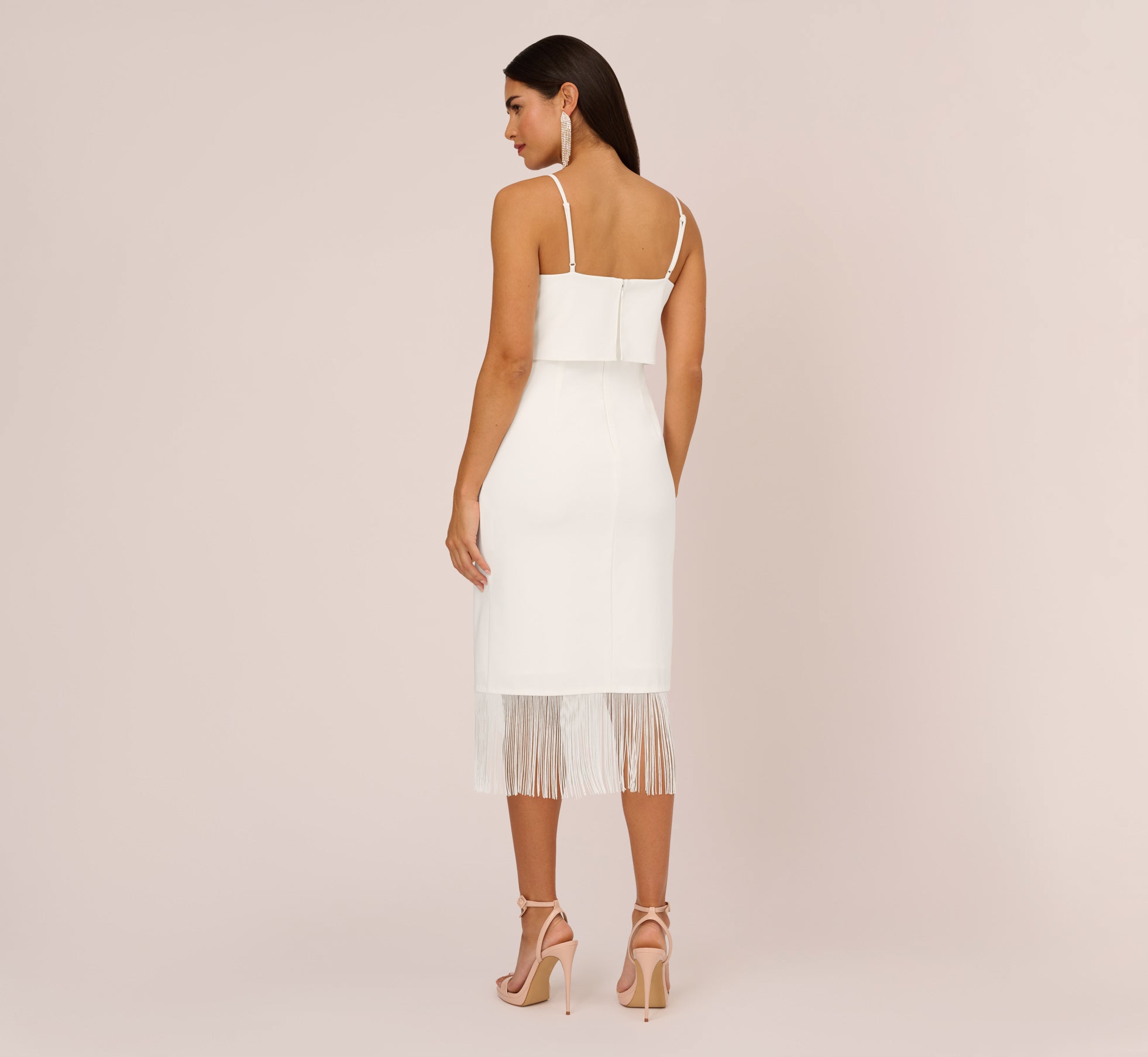 Ivory Crepe Popover Midi Dress with Fringe Trim - Elegant Boho Chic Dress for Summer Parties, Weddings & Casual Outings