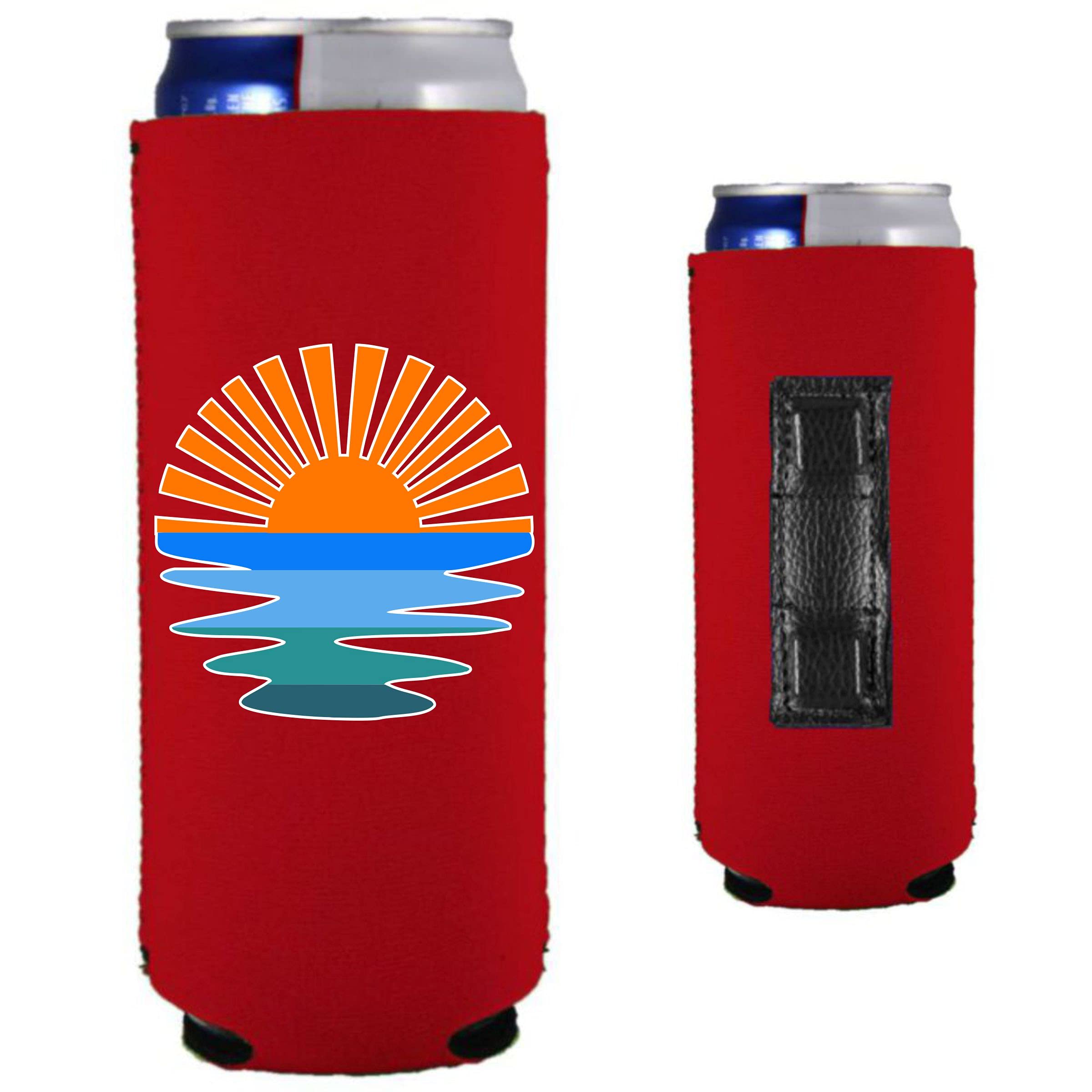 Retro Sunset Magnetic Slim Can Cooler (1 Pack, Red) - Keep Drinks Cold for Beach, BBQ, and Outdoor Parties