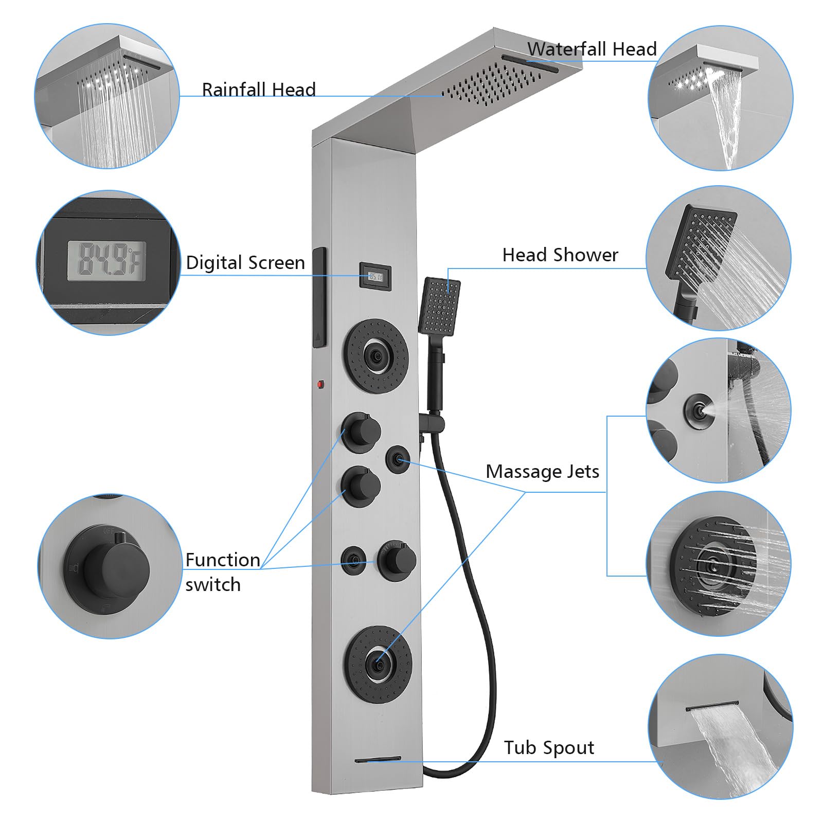 BWE Stainless Steel Shower Panel Tower System with LED Rainfall Shower Head - 4 Massage Jets, 3-Function Handheld Shower & Waterfall Tub Spout - Wall Mounted Shower Panel with Temperature Display - Perfect for Luxury Bathroom Renovation & Spa-Like Shower Experience