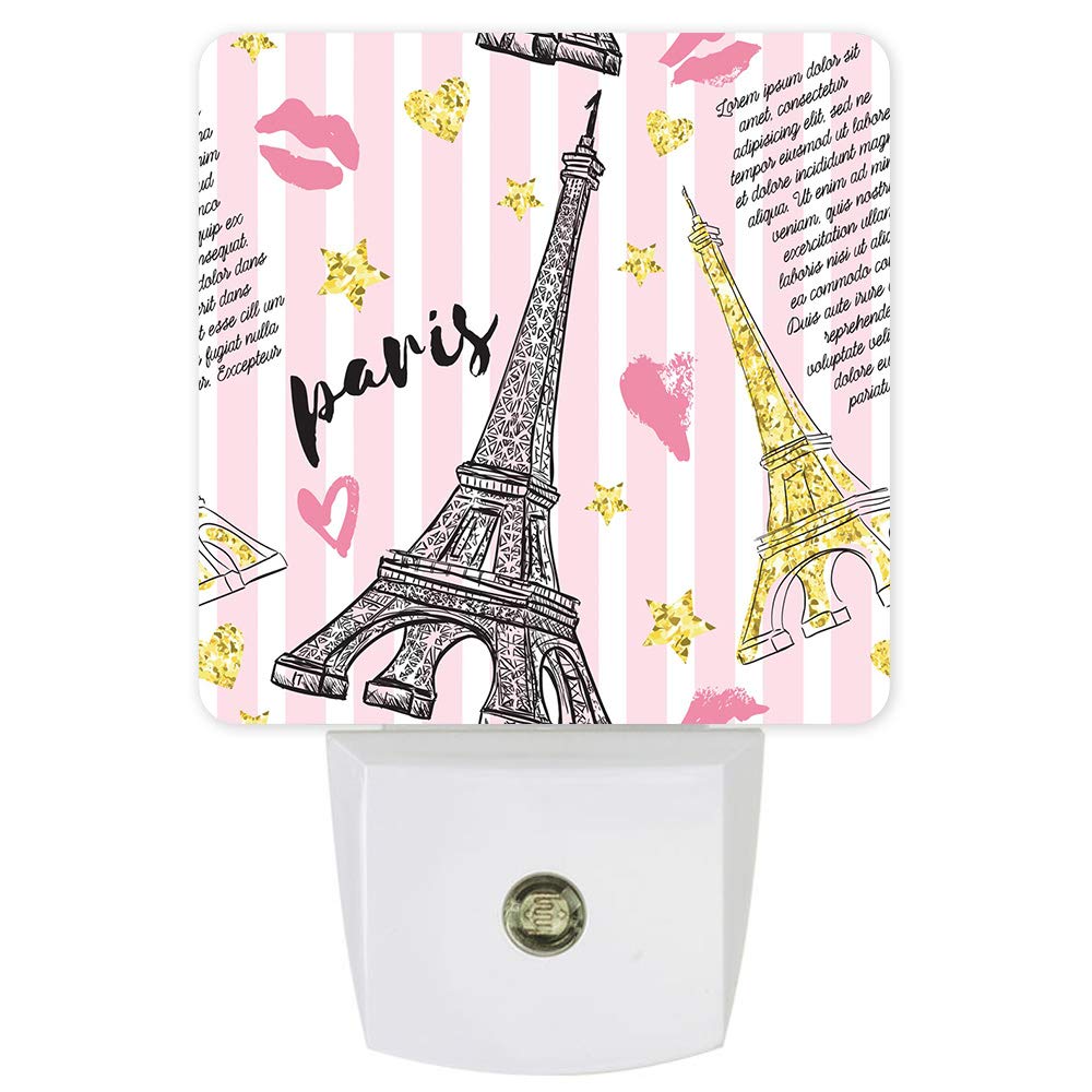 Pink Eiffel Tower LED Night Light with Gold Heart Decor - Cartoon Paris Wall Plug in Light for Bathroom, Bedroom, Nursery & Hallway - Romantic Home Decor for Kids Room, Valentine's Day Gift