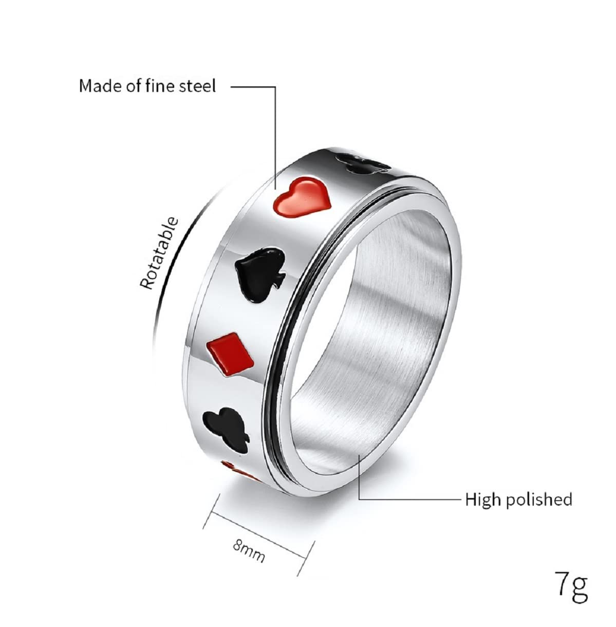 Men's Poker Cards Band Ring - Lucky Spade Poker Spinner Ring in Black & Silver | Hip Hop Jewelry, Vintage Ace of Spades Punk Ring | Perfect for Casino Nights, Poker Games, and Hip Hop Fashion Accessories