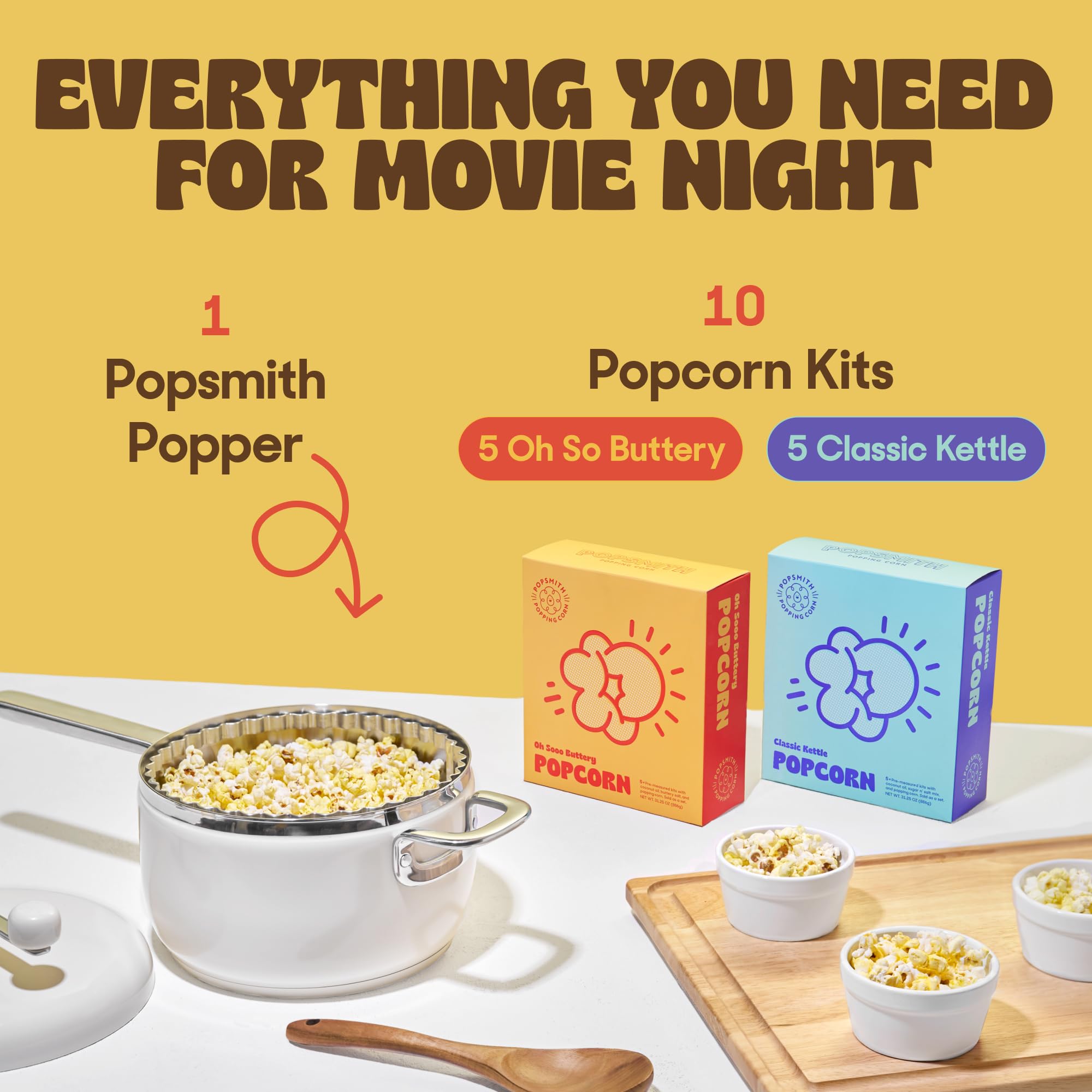 Popsmith 6 Quart Stovetop Popcorn Maker Starter Bundle in Cream - Includes 5 Movie Theater & 5 Kettle Corn Popcorn Kits - Stainless Steel Popcorn Machine for Gas, Electric & Induction Stovetops - Perfect for Movie Nights, Parties & Family Snack Time