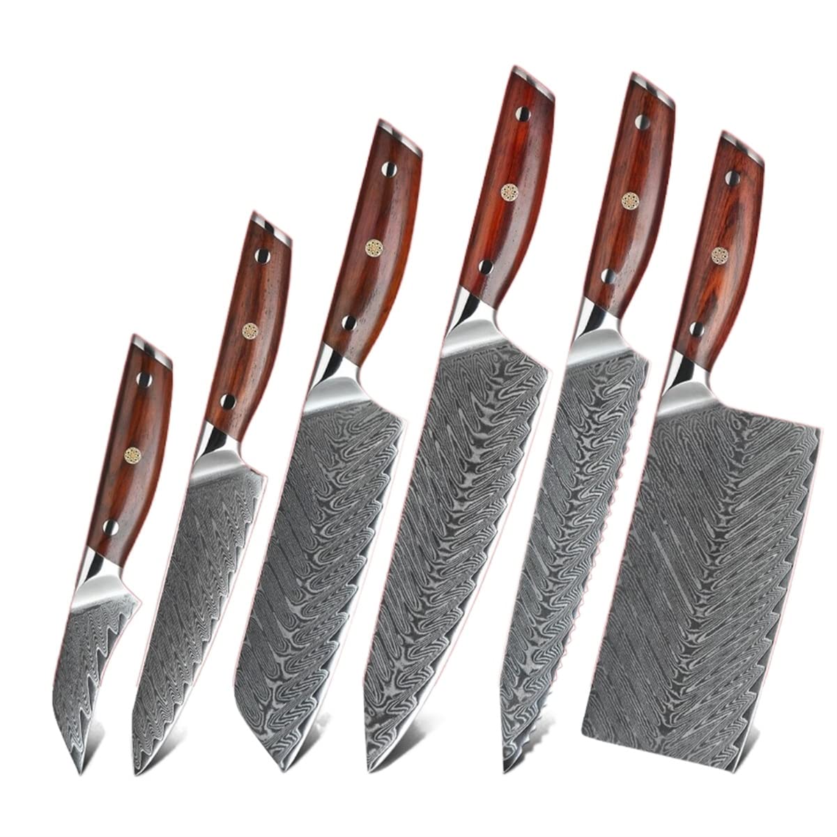 6PCS VG10 Damascus Steel Kitchen Knife Set with Rosewood Handle - Premium Cooking Tools for Home Chefs, Perfect for Slicing, Dicing, and Chopping in Everyday Cooking